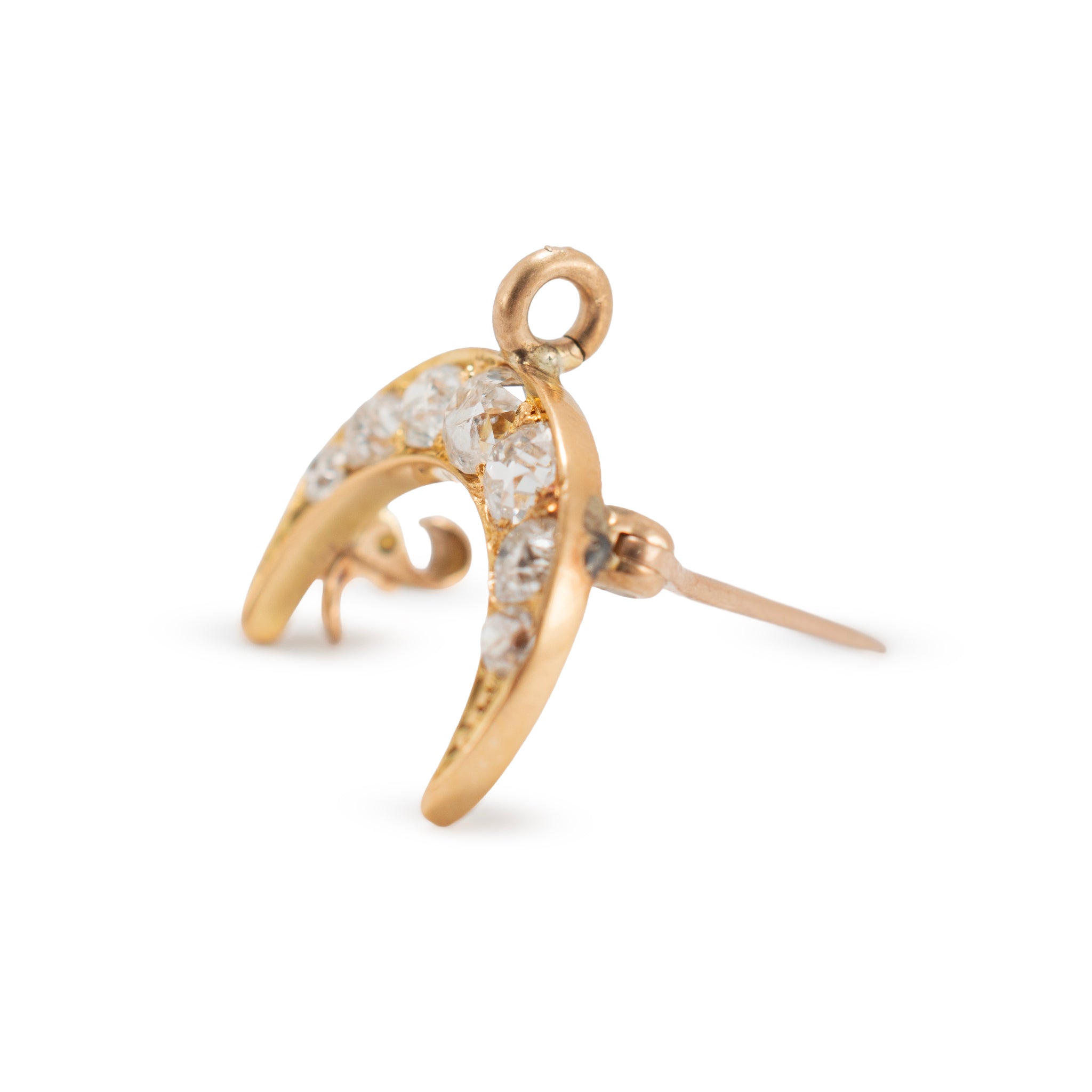 Victorian Antique 18K Yellow Gold 1.24ctw Old Cut Diamond Crescent PIN Pendant