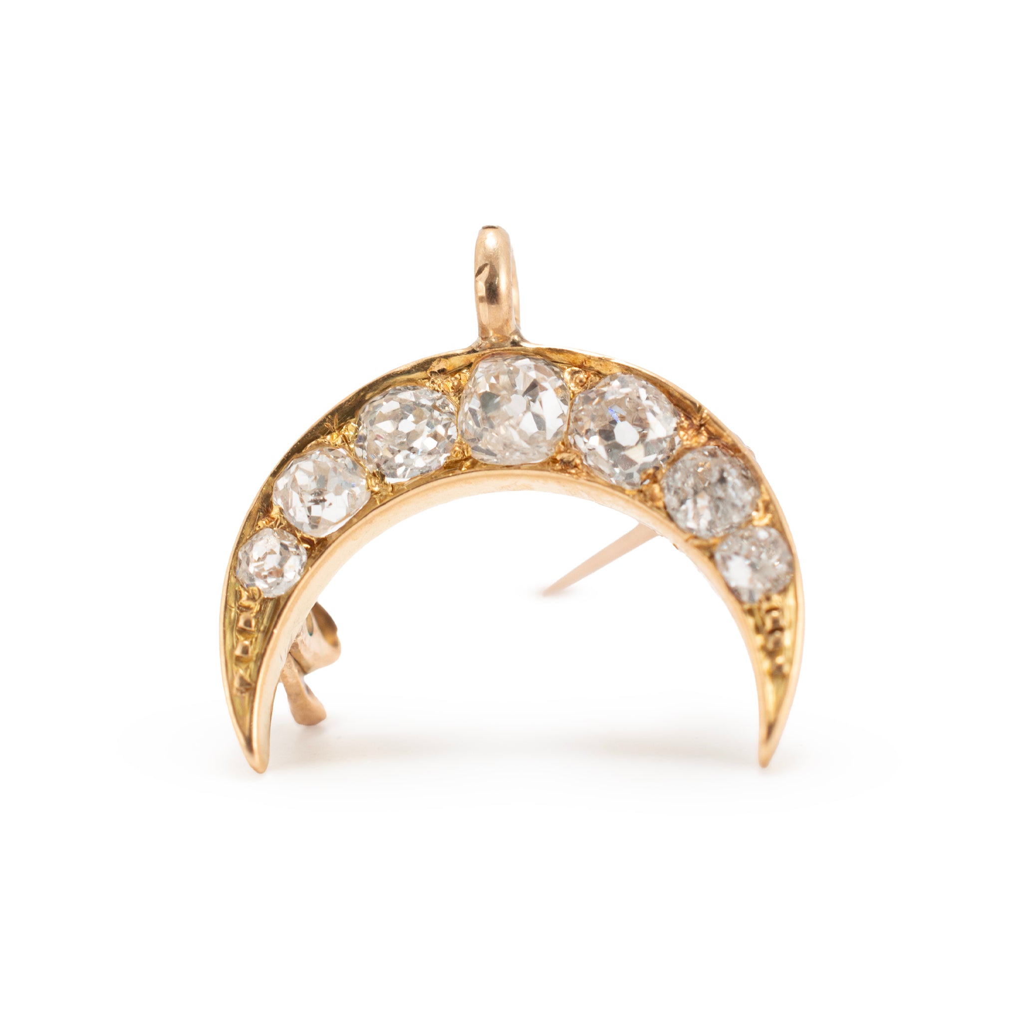 Victorian Antique 18K Yellow Gold 1.24ctw Old Cut Diamond Crescent PIN Pendant