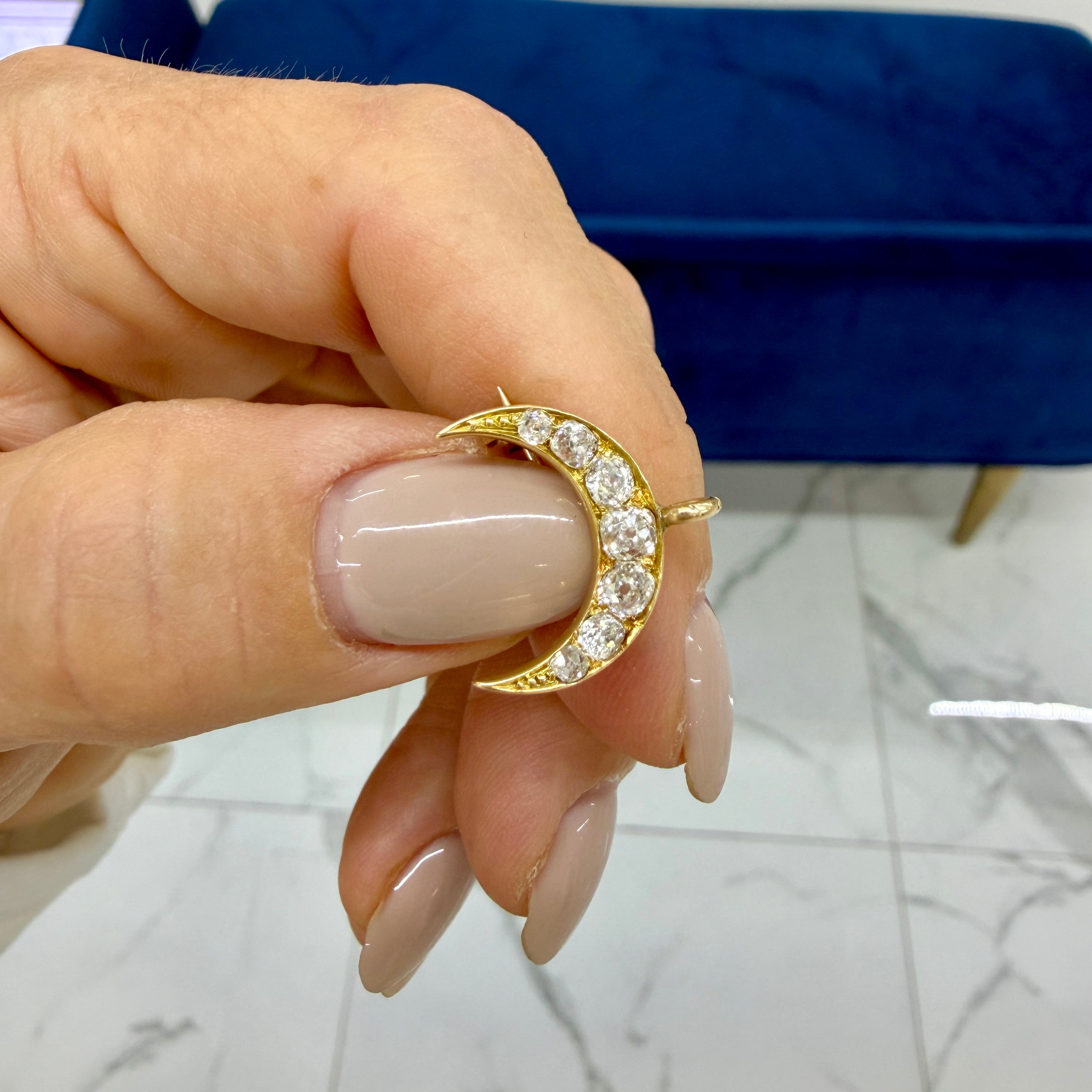 Victorian Antique 18K Yellow Gold 1.24ctw Old Cut Diamond Crescent PIN Pendant
