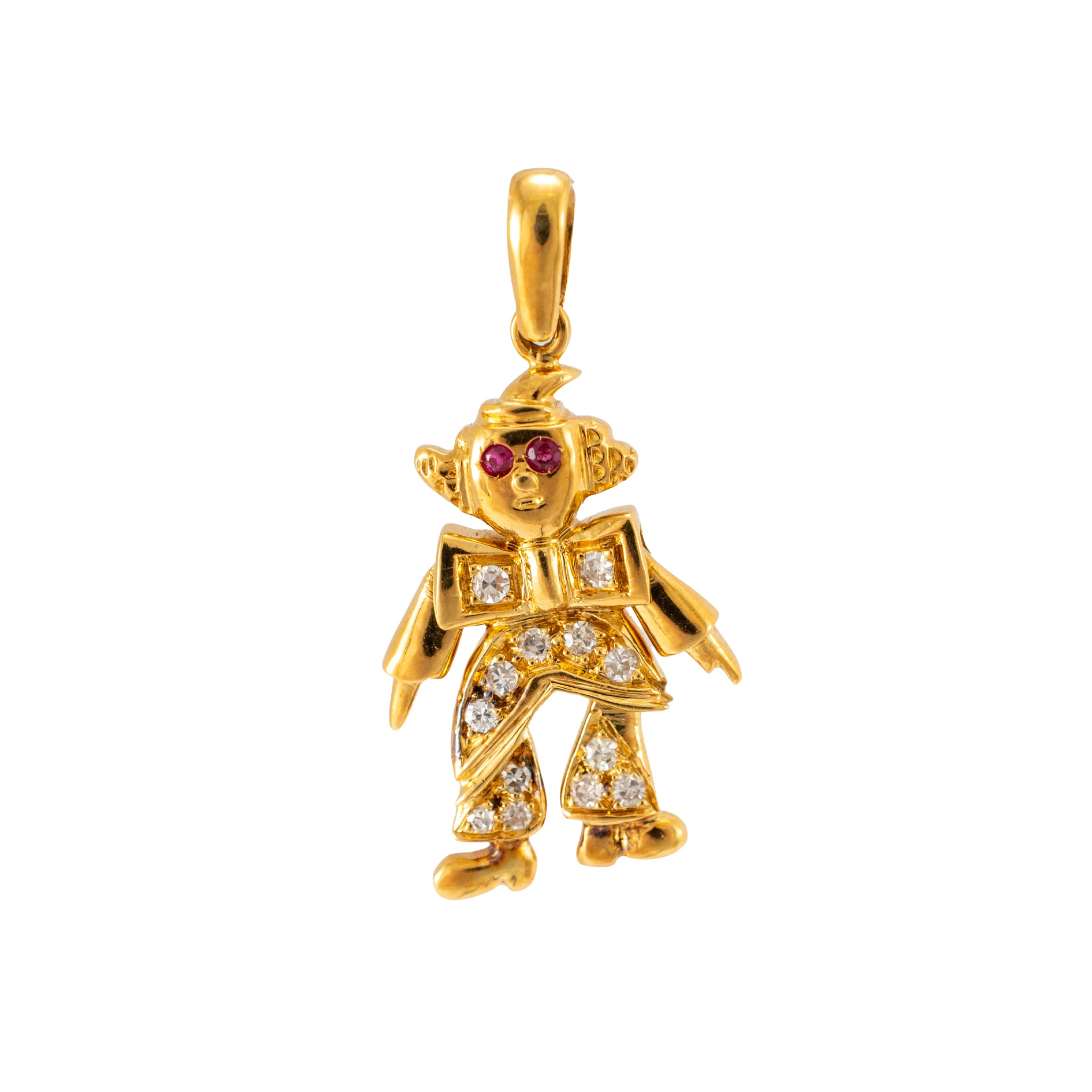 Vintage 18K Yellow Gold 0.31ctw Ruby Eyes Diamond Movable Clown Drop Pendant