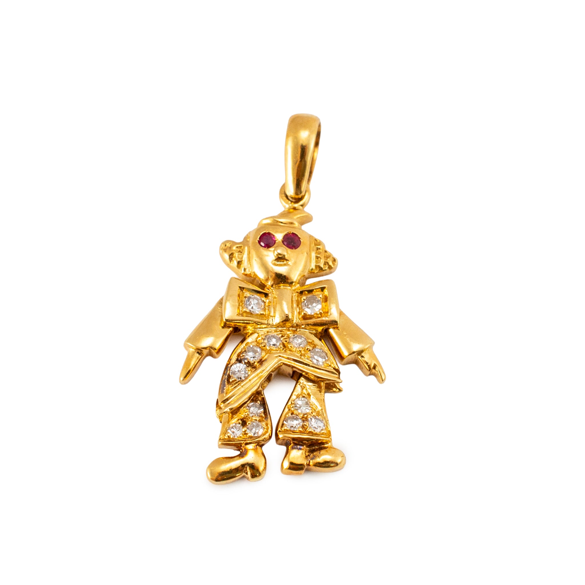 Vintage 18K Yellow Gold 0.31ctw Ruby Eyes Diamond Movable Clown Drop Pendant