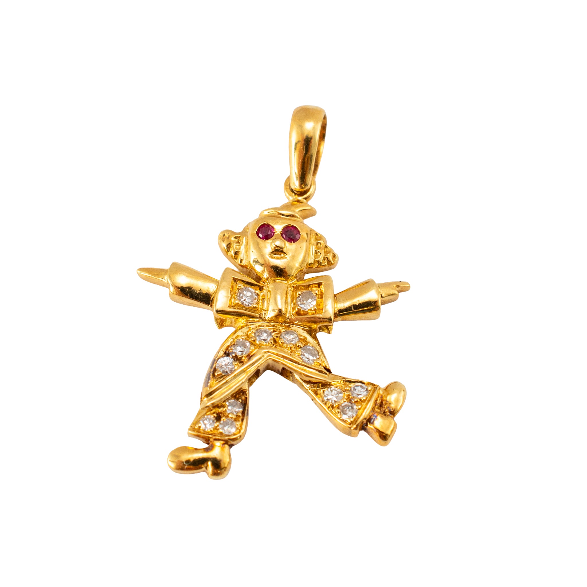 Vintage 18K Yellow Gold 0.31ctw Ruby Eyes Diamond Movable Clown Drop Pendant