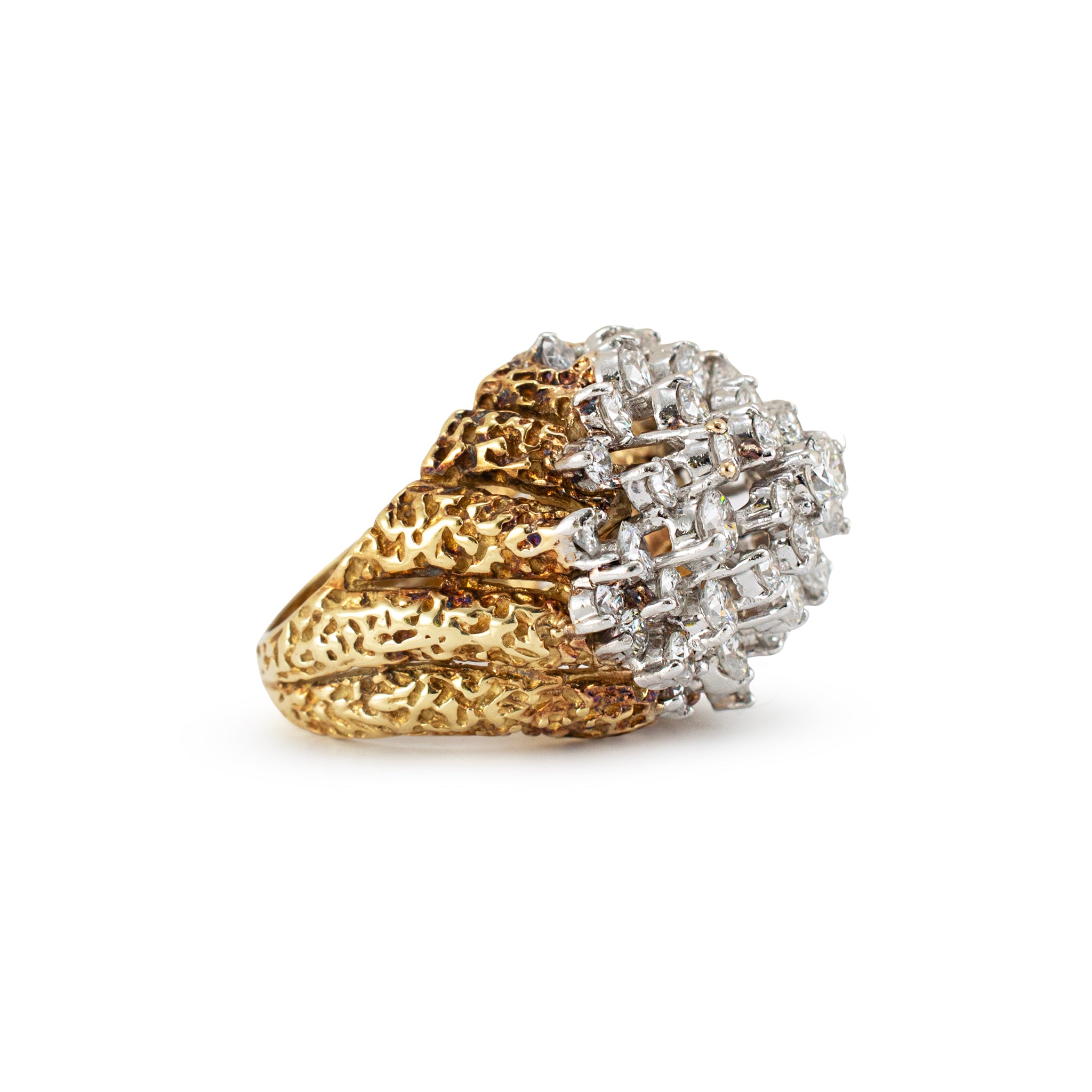 Vintage 18K Yellow Gold Platinum 7.04ctw Two-Tone Bombe Cluster Cocktail Ring
