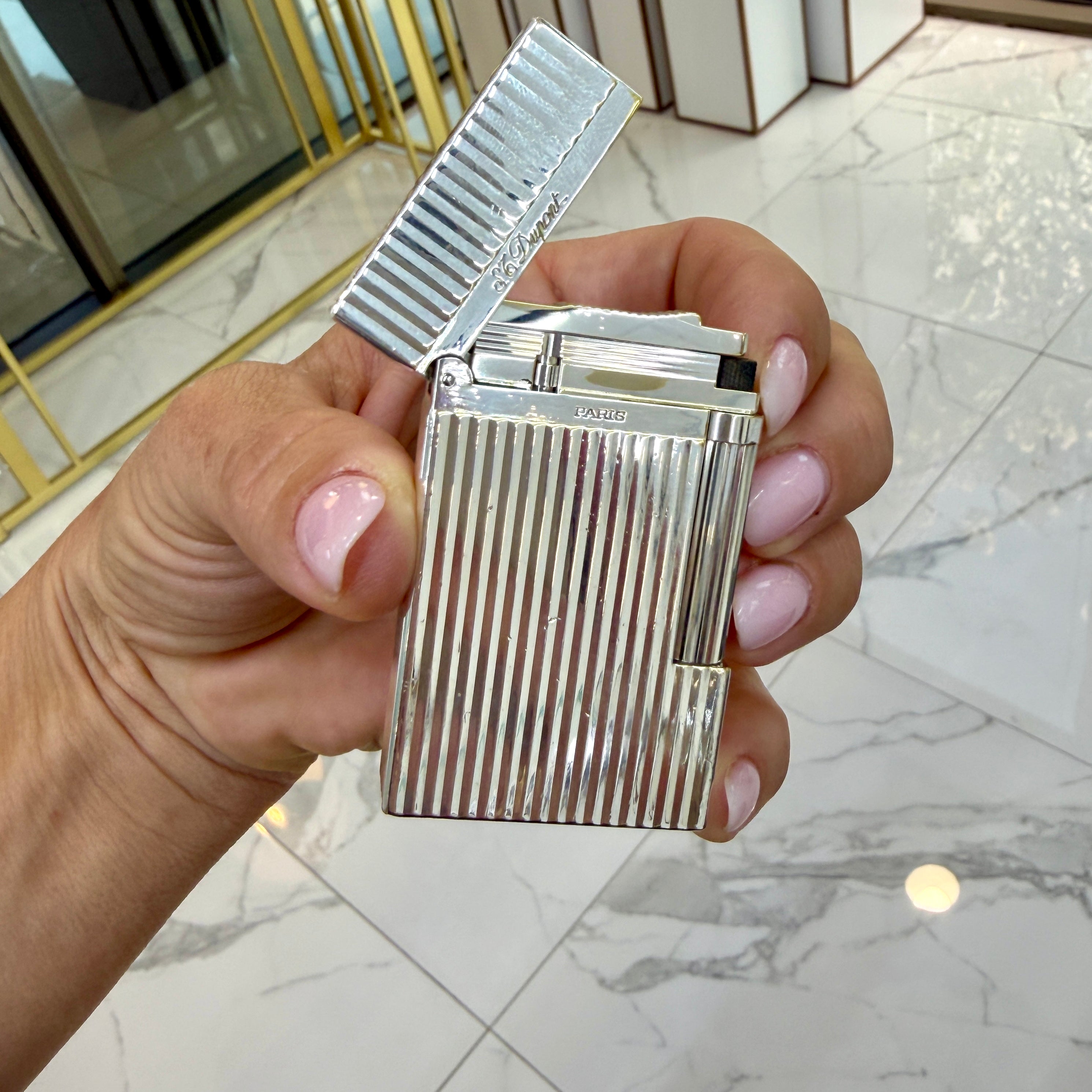S.T. Dupont Paris Ligne 2 Silver Plaque Vertical Lines Guilloche Lighter