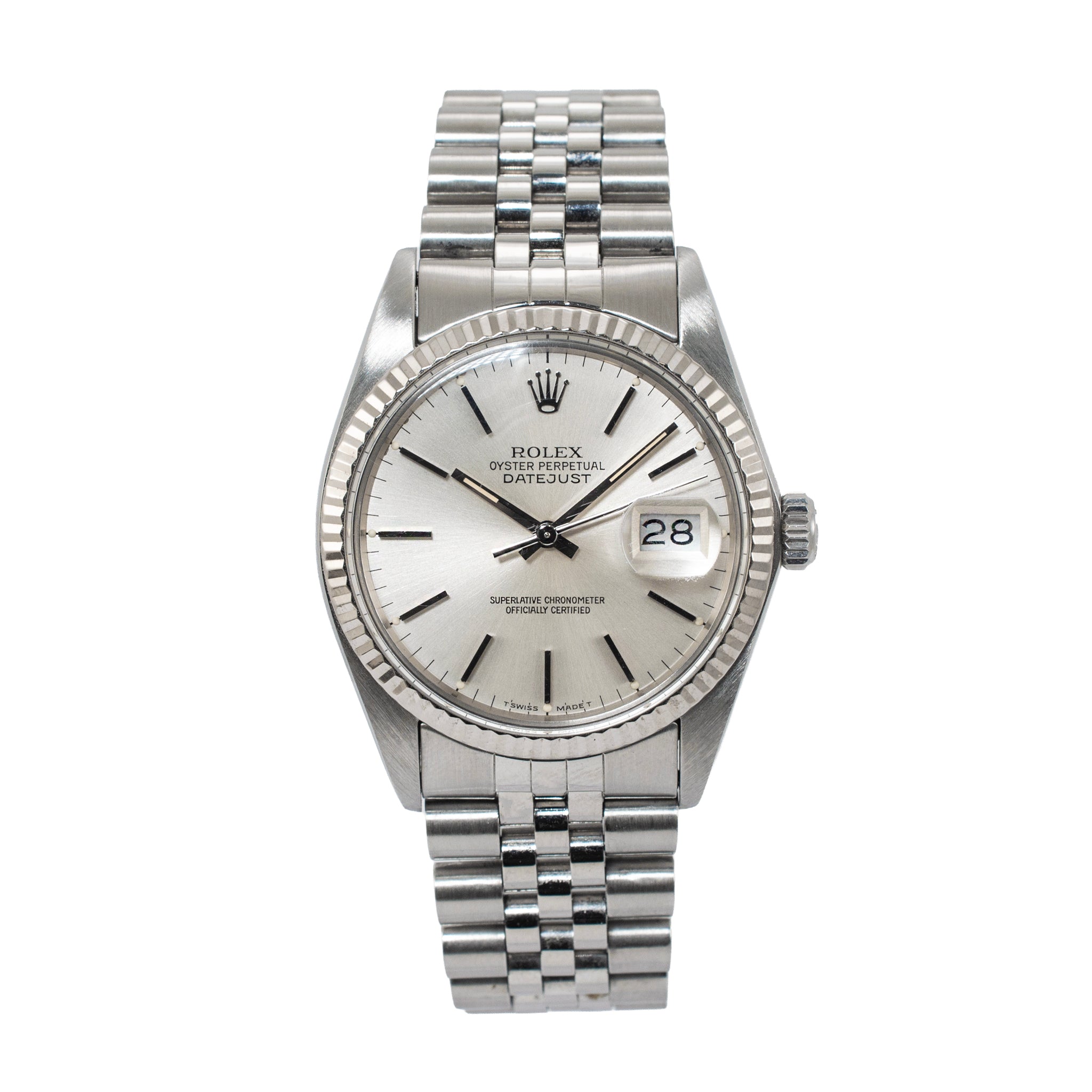 Rolex Date Just 36MM 16014 Silver Dial 18K White Gold Stainless Steel Watch