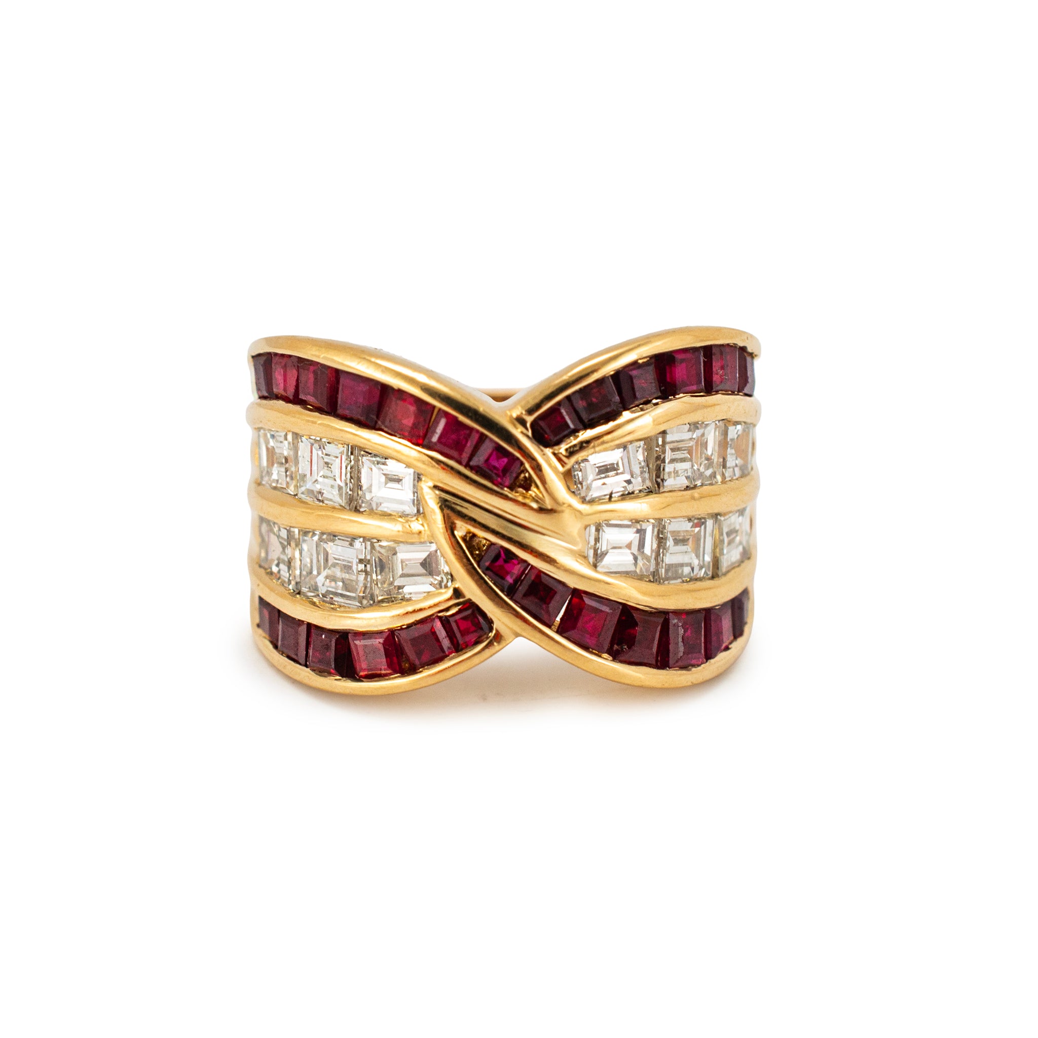 Vintage 18K Yellow Gold 2.63ctw Invisible Ruby Baguette Diamond Crossover Band
