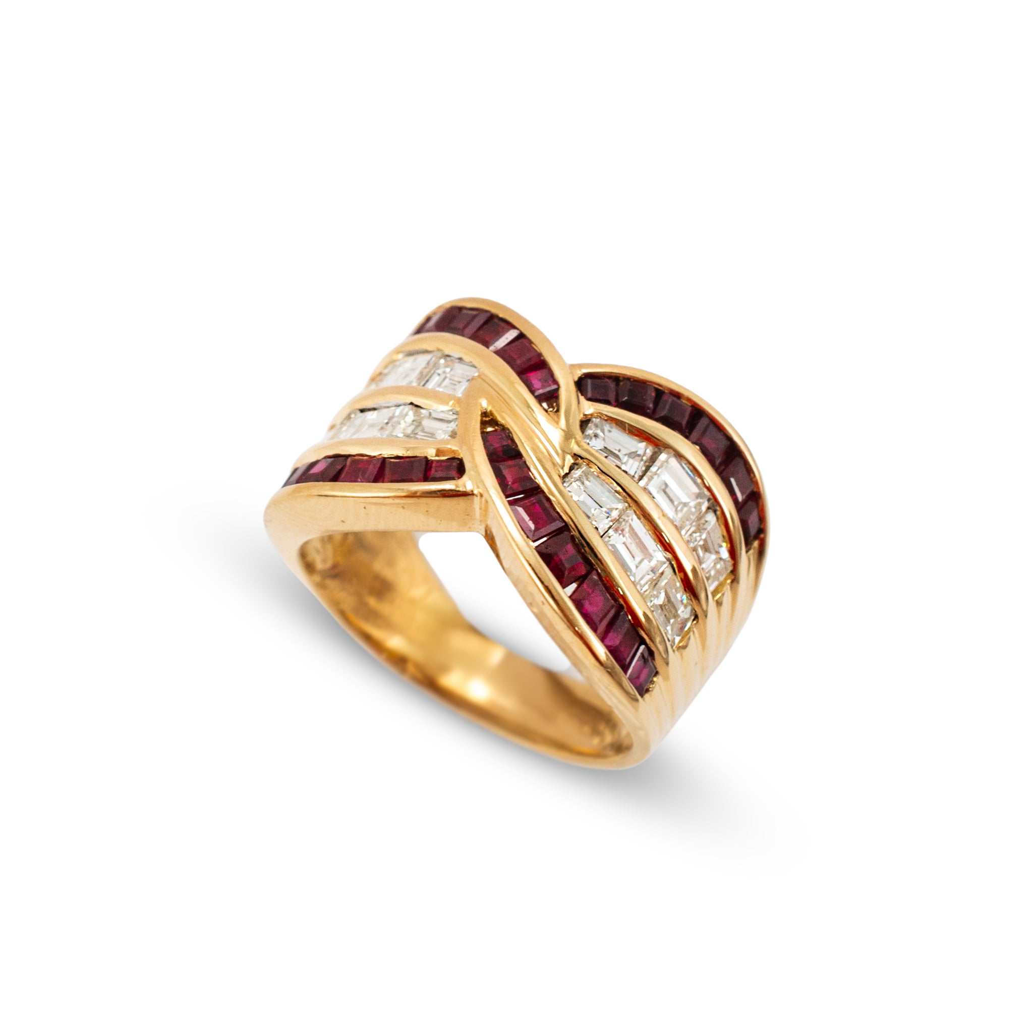 Vintage 18K Yellow Gold 2.63ctw Invisible Ruby Baguette Diamond Crossover Band