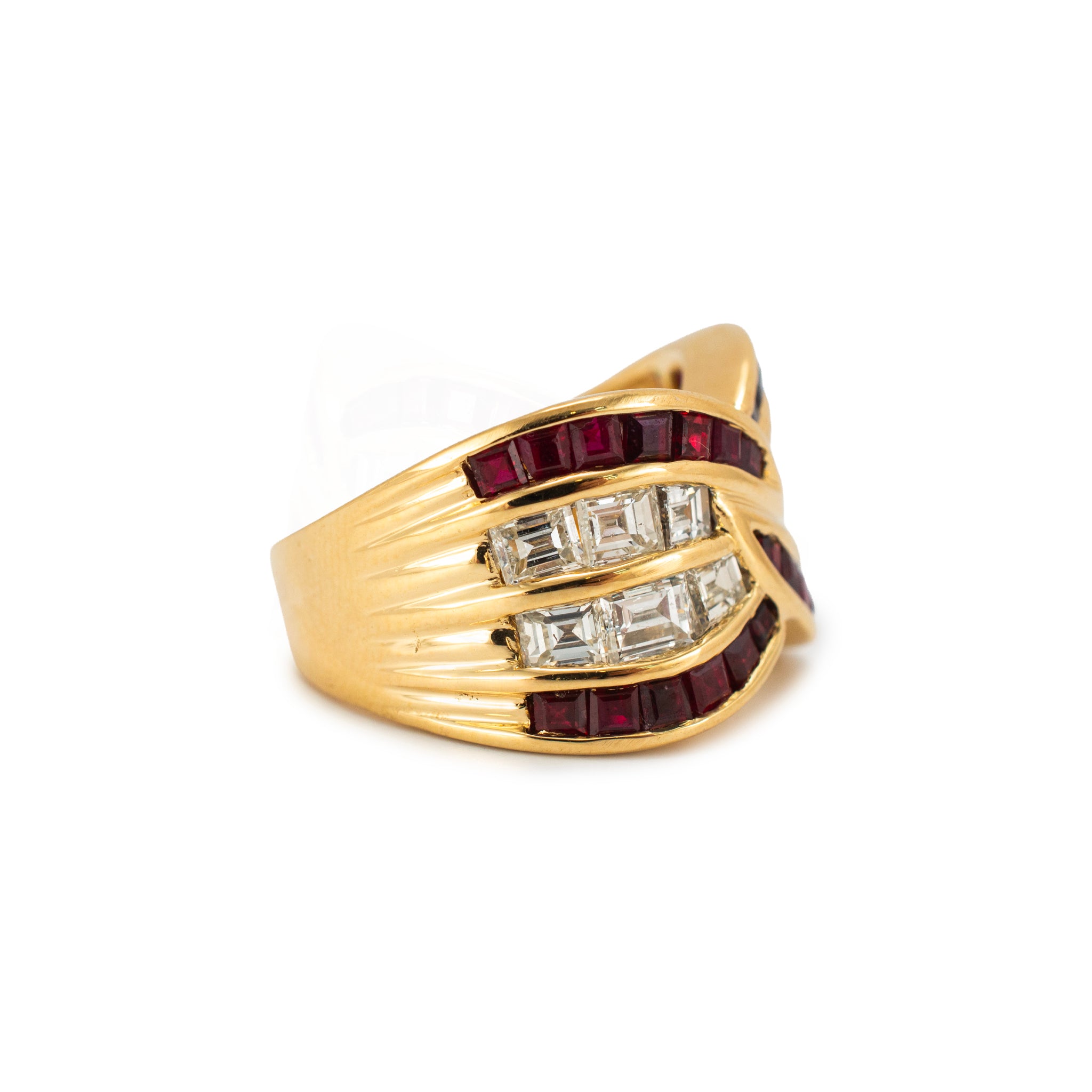 Vintage 18K Yellow Gold 2.63ctw Invisible Ruby Baguette Diamond Crossover Band