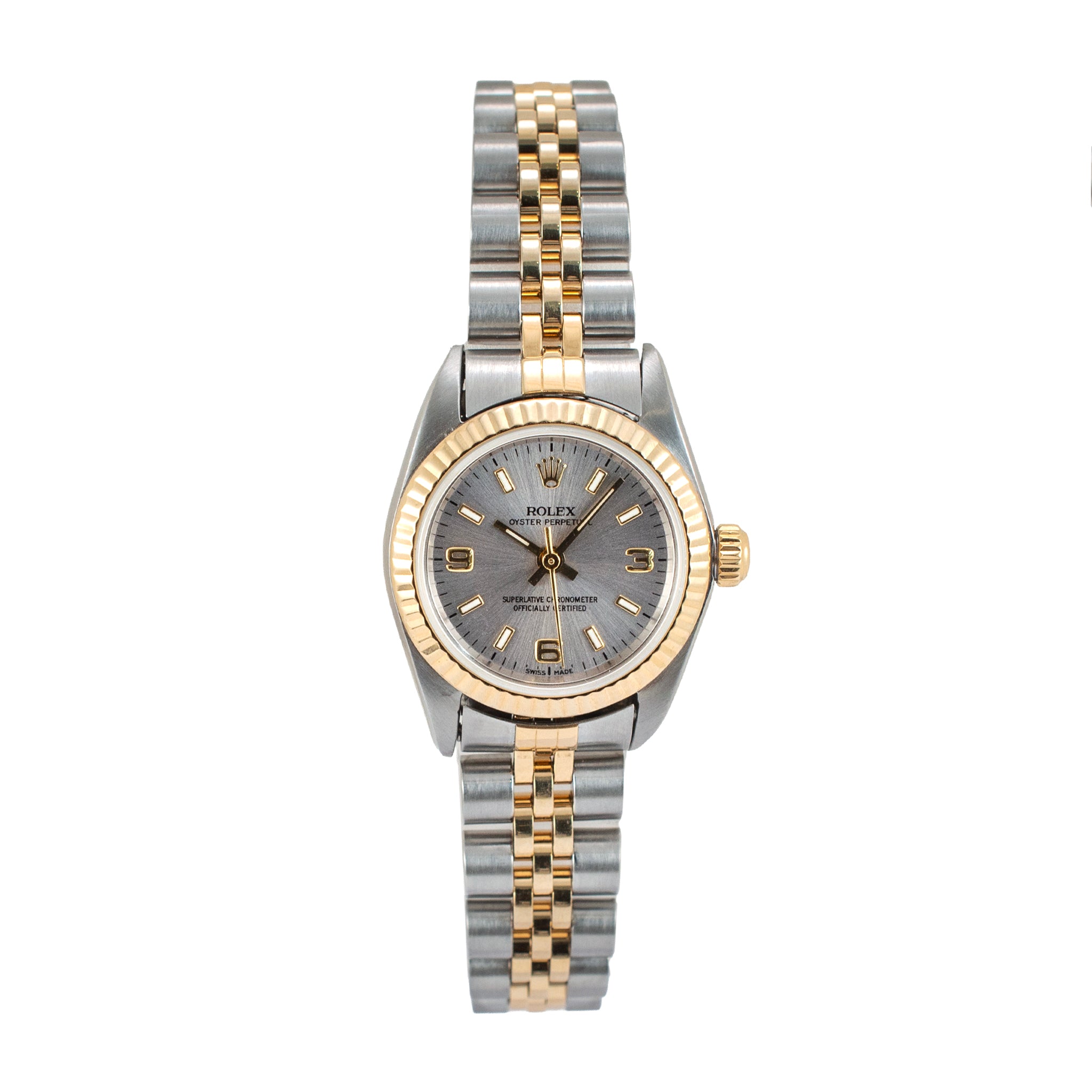 Ladies Rolex Oyster Perpetual 26MM 76193 Silver Arabic Two Tone Gold Steel Watch