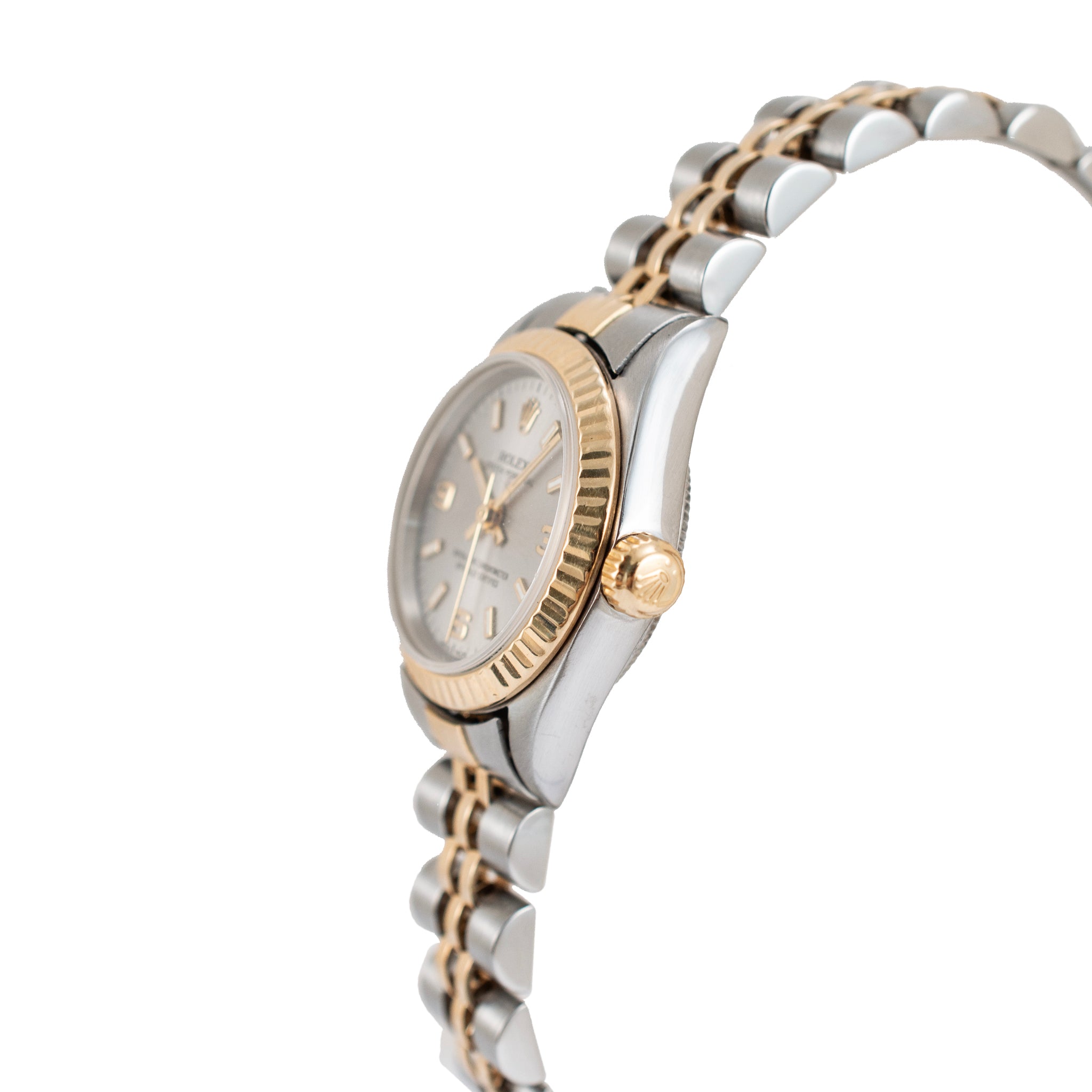 Ladies Rolex Oyster Perpetual 26MM 76193 Silver Arabic Two Tone Gold Steel Watch
