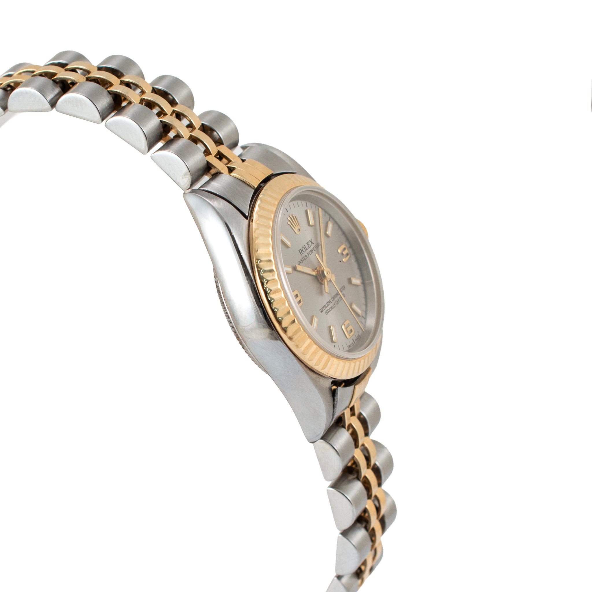 Ladies Rolex Oyster Perpetual 26MM 76193 Silver Arabic Two Tone Gold Steel Watch