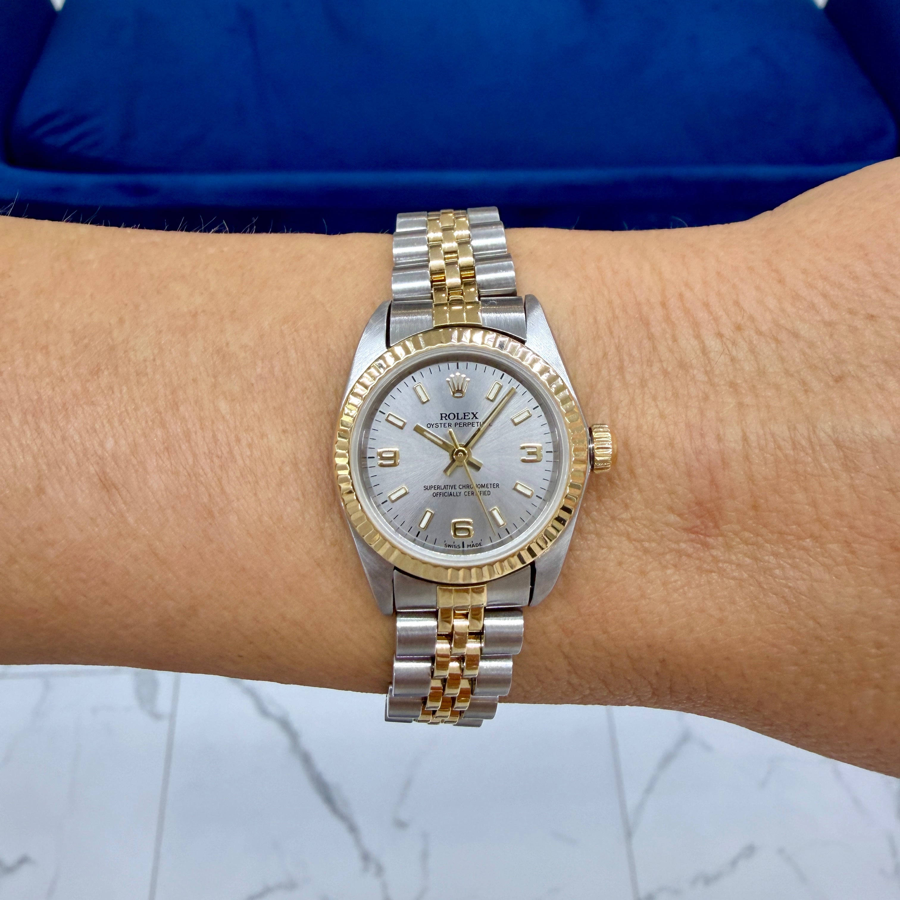 Ladies Rolex Oyster Perpetual 26MM 76193 Silver Arabic Two Tone Gold Steel Watch