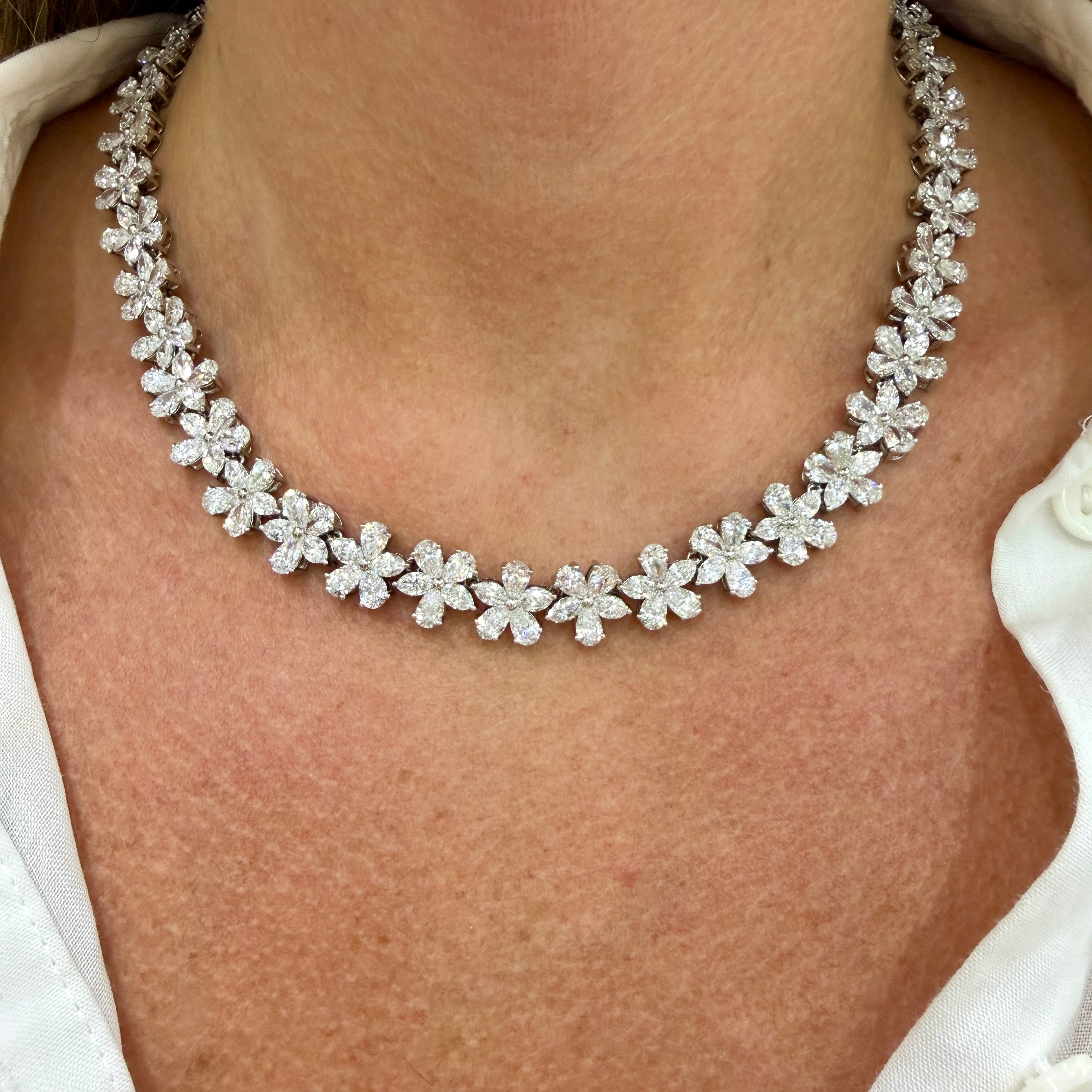 18K White Gold 41.84ctw Marquise Pear Lab Grown Diamond Floral Tennis Necklace