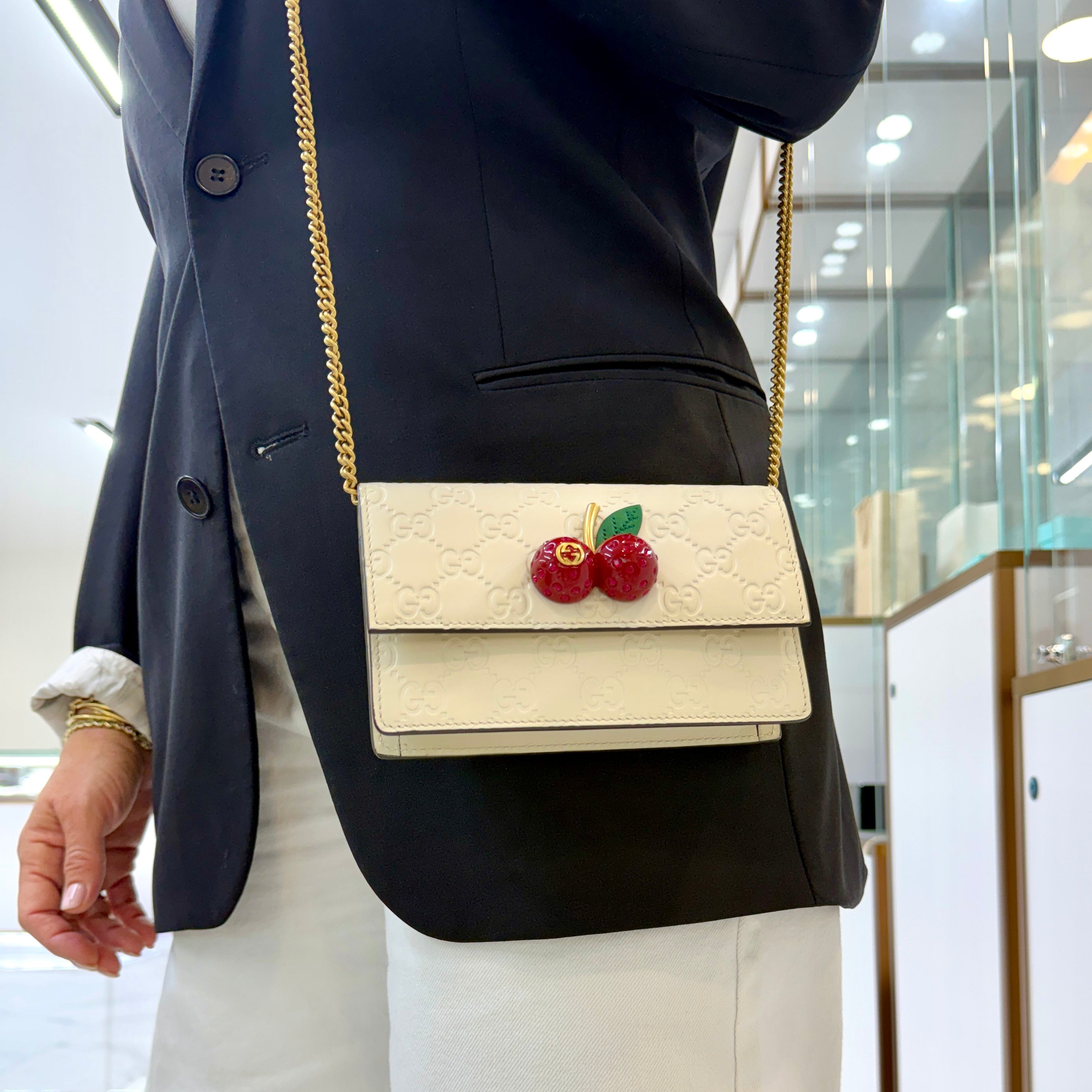 Gucci Gg Guccissima White Mini Cherry Gold Tone Hardware Chain Shoulder Bag