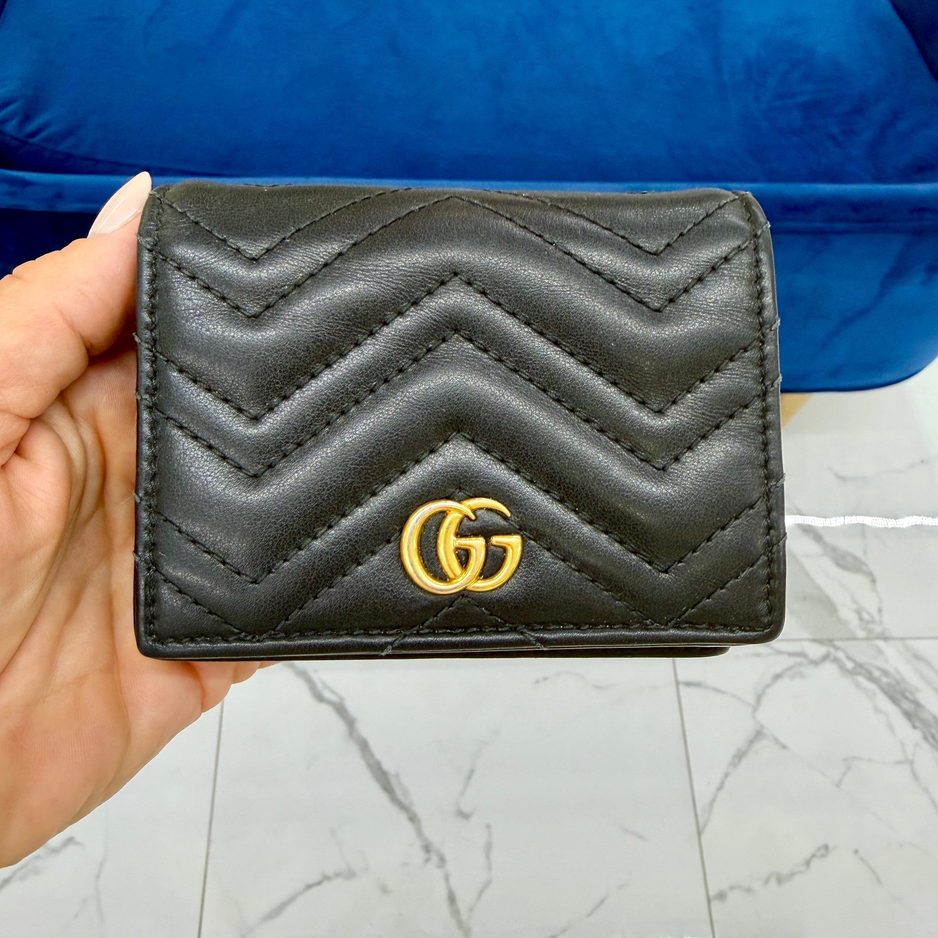 Gucci Gg Marmont Chevron Black Matelasse Leather Card Case Wallet