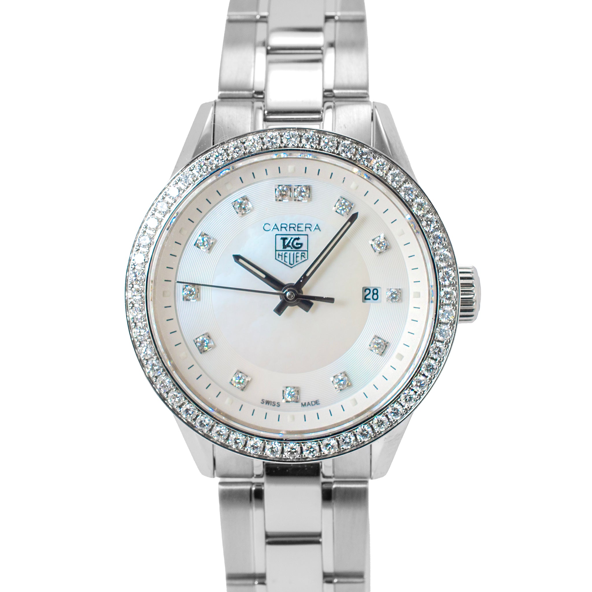 Ladies Tag Heuer Carrera 27MM wv1413.ba0793 Mop Diamond Dial Steel Quartz Watch