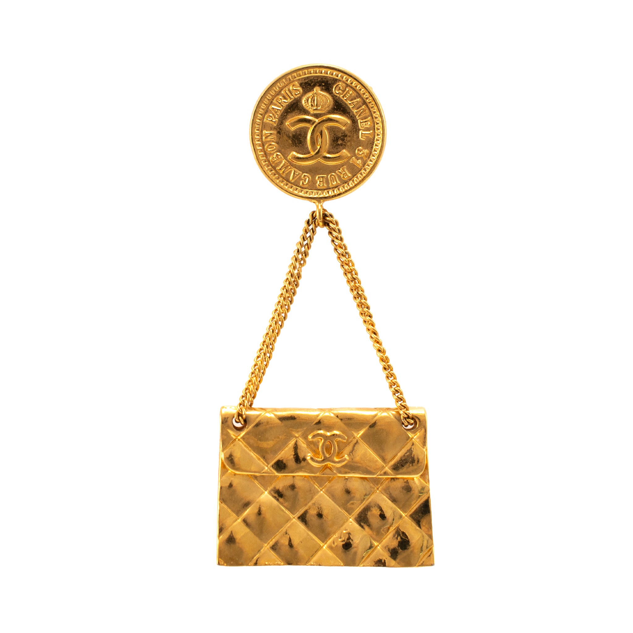 Vintage Chanel Gold Plated Hanging Flap Bag Motif PIN Brooch
