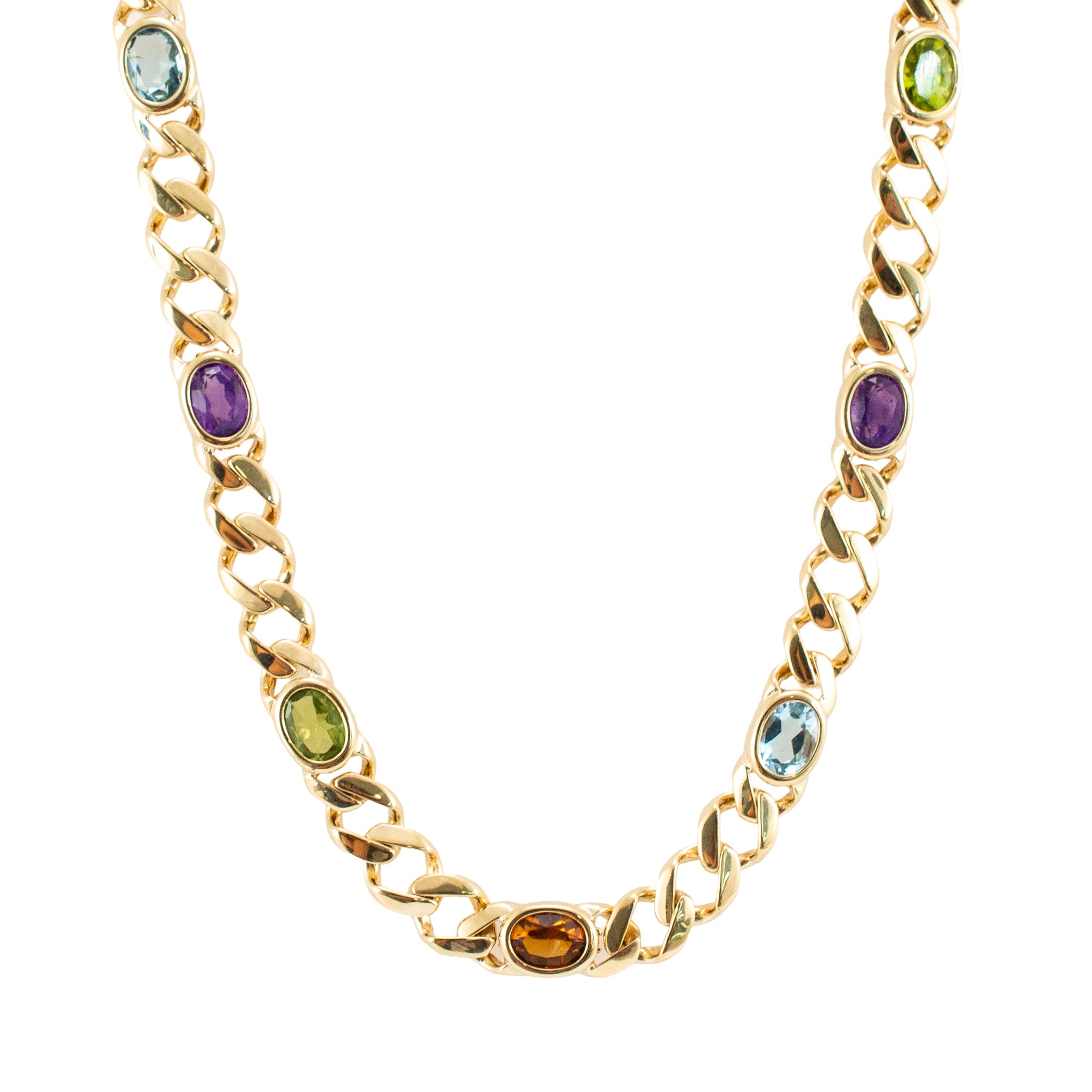 Vintage 14K Yellow Gold 11.98ctw Multi Gem Rainbow Curb Link Chain Necklace