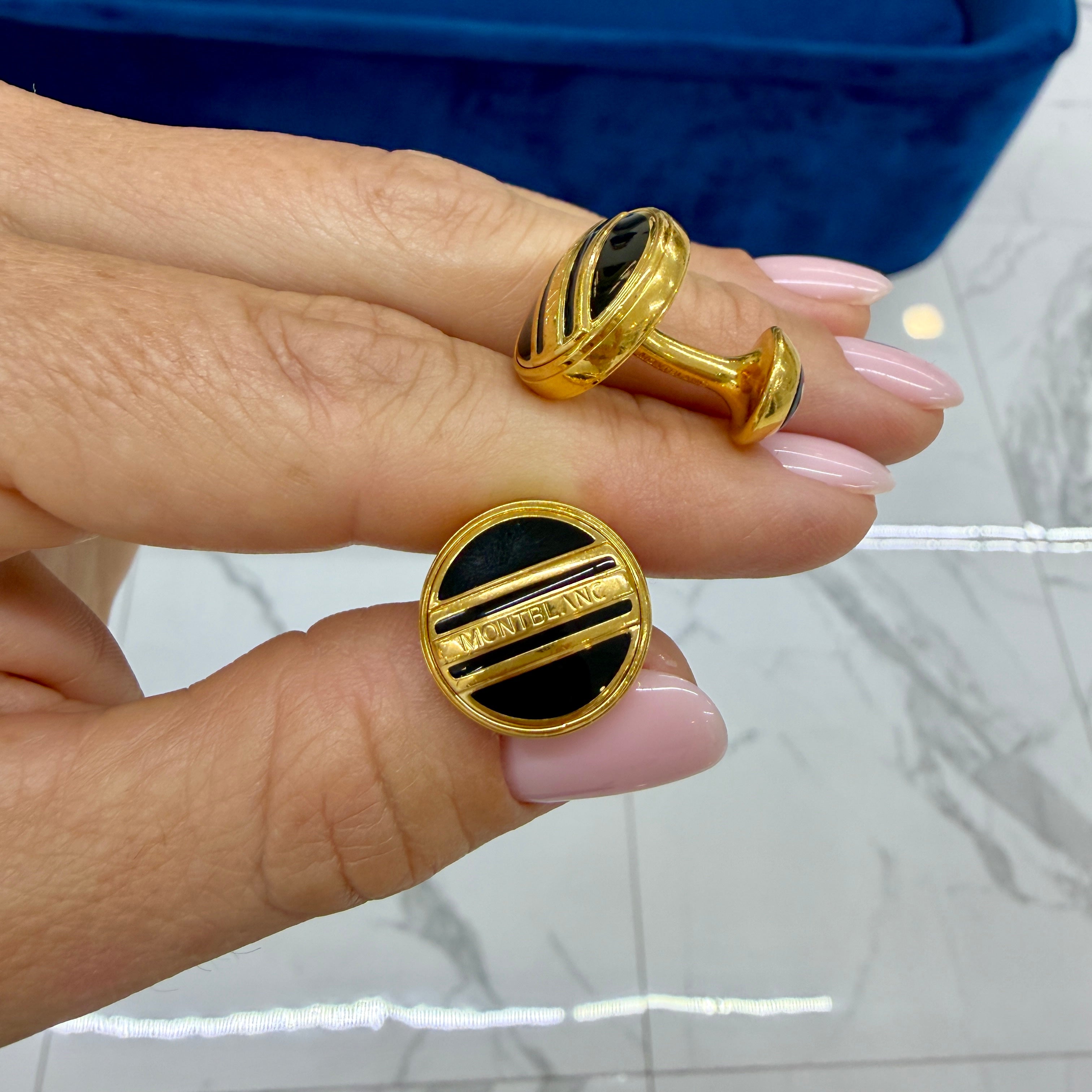 Men’s Retired Montblanc Gold Plated Black Enamel Round Cufflinks