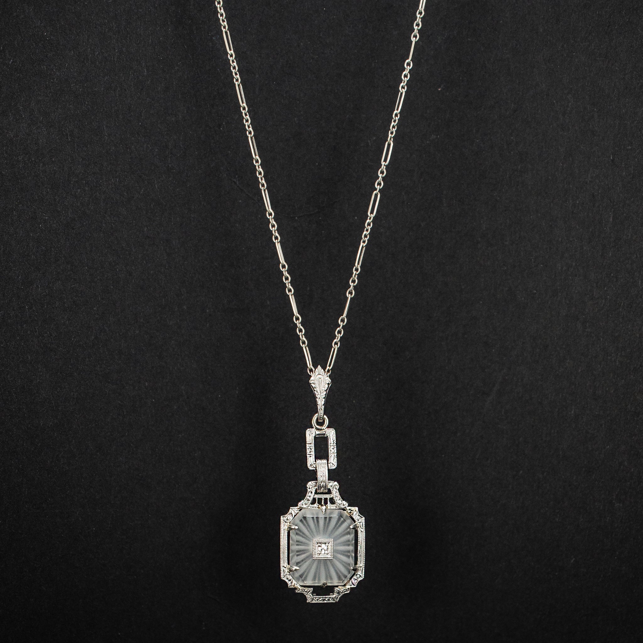 Art Deco 14K White Gold 0.01ct Diamond Filigree Necklace 3.83g 16" 455723 available at DJP Jewelers & Luxury Buyers