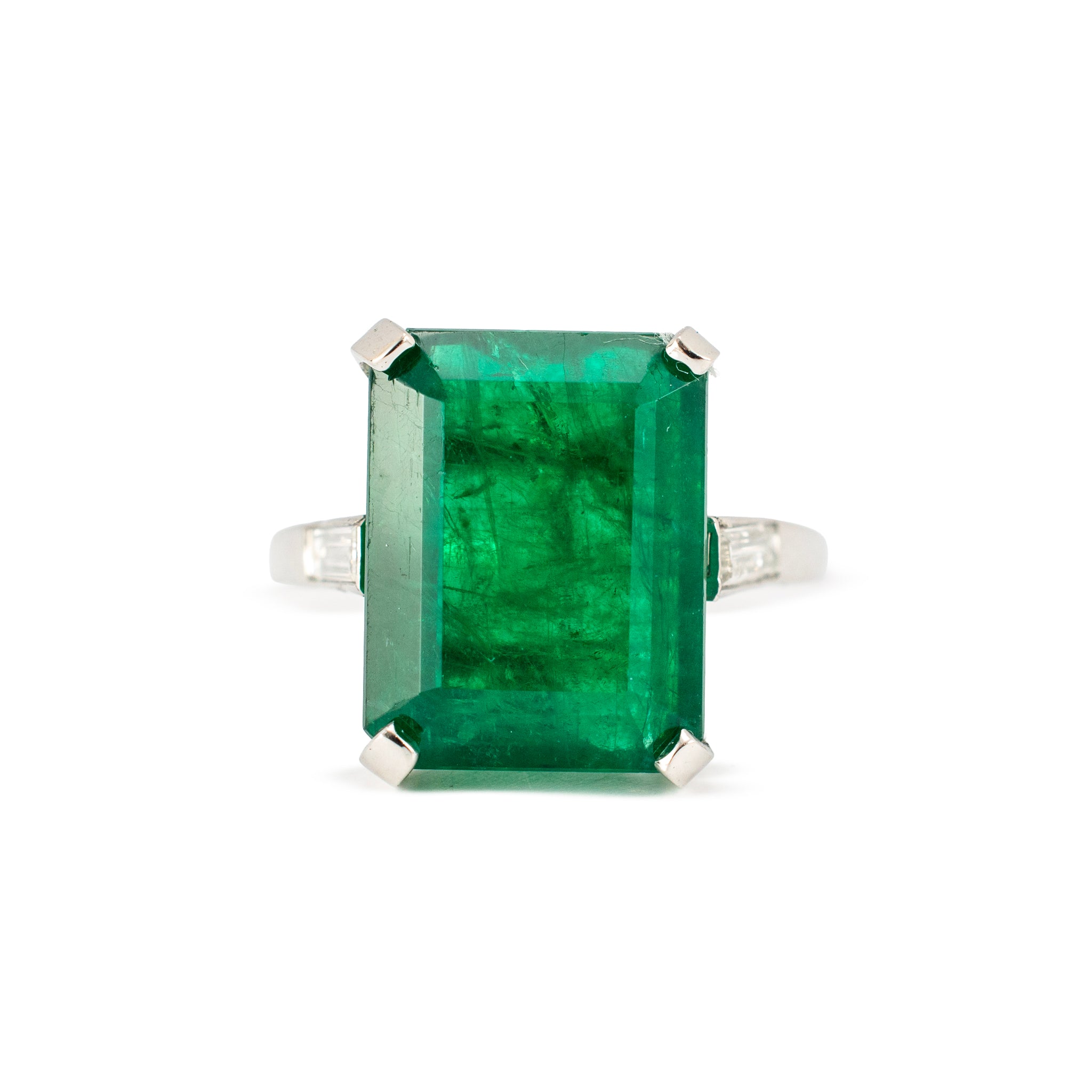 Vintage Platinum 9.77ctw Gia Green Emerald Diamond Three Stone Cocktail Ring