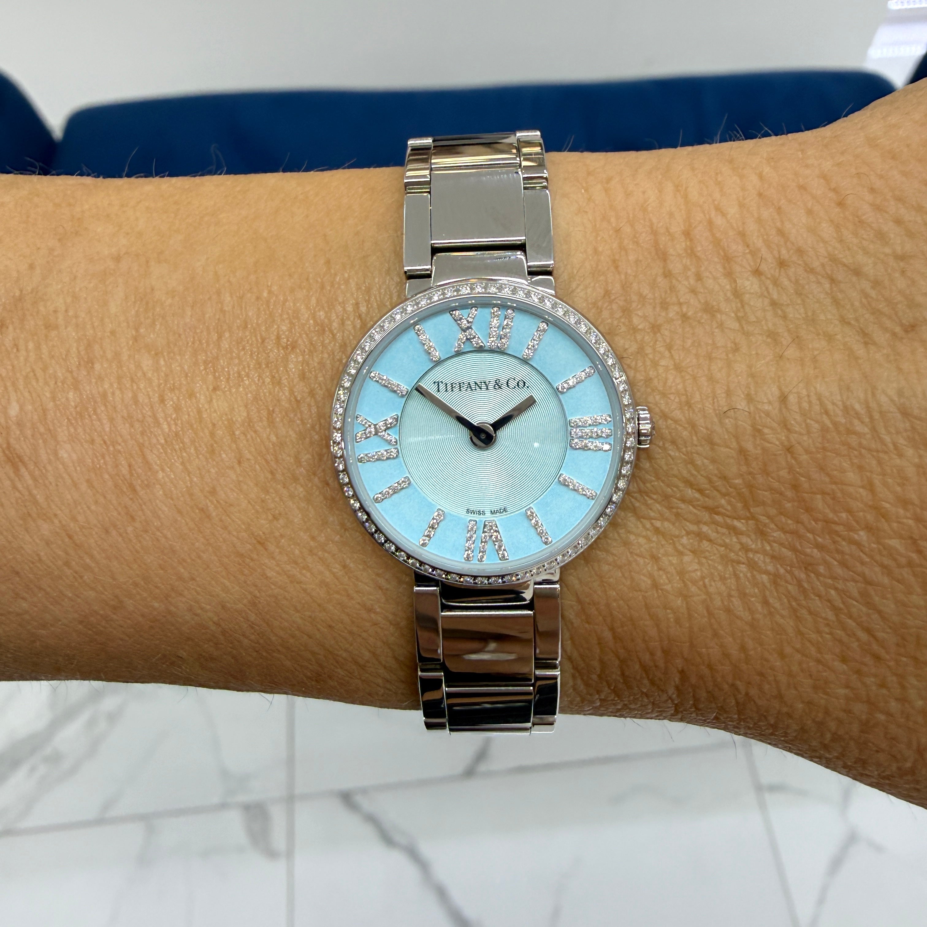 Ladies Tiffany & Co. Blue Atlas 2-Hand 24MM 62867485 Diamond Steel Quartz Watch