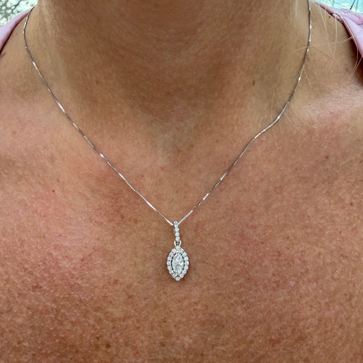 Ladies 14K White Gold 0.56ct Marquise Diamond Halo Pendant Necklace