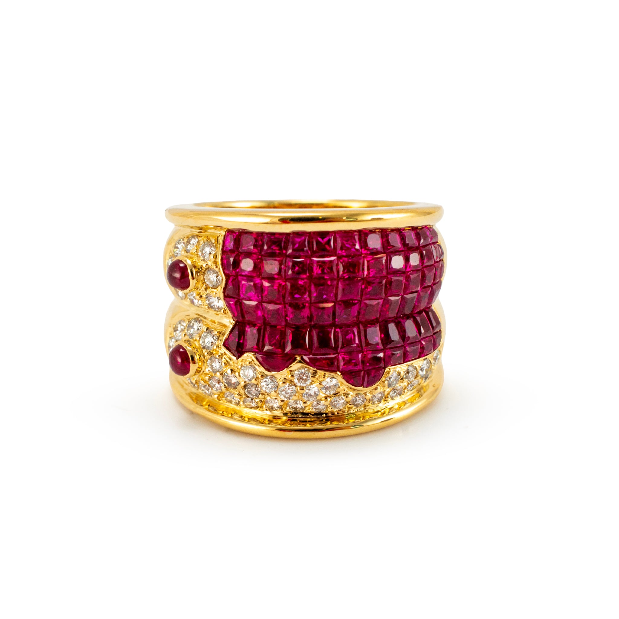 Vintage 18K Yellow Gold 4.16ctw Invisible Set Ruby Diamond Mystery Band Ring