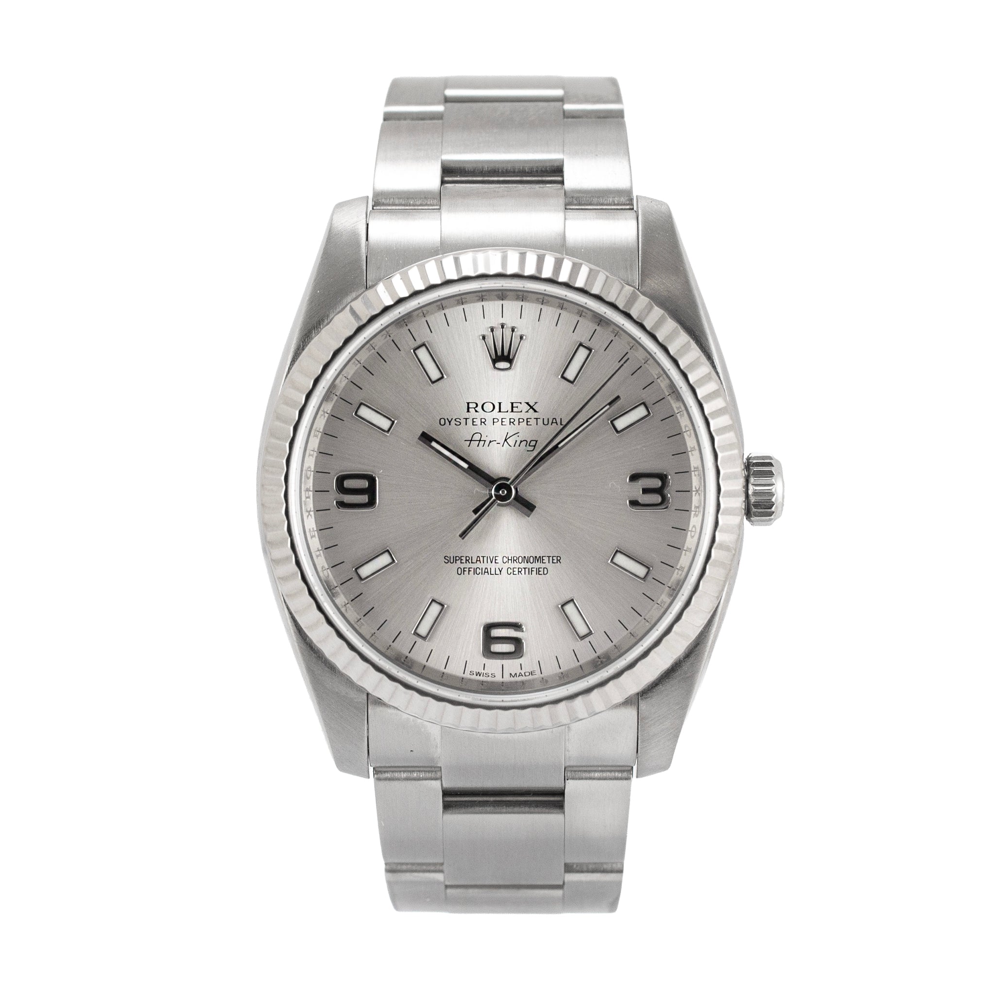 Rolex Air-King 34MM 114234 Silver Oyster Fluted 18K White Gold Bezel Steel Watch