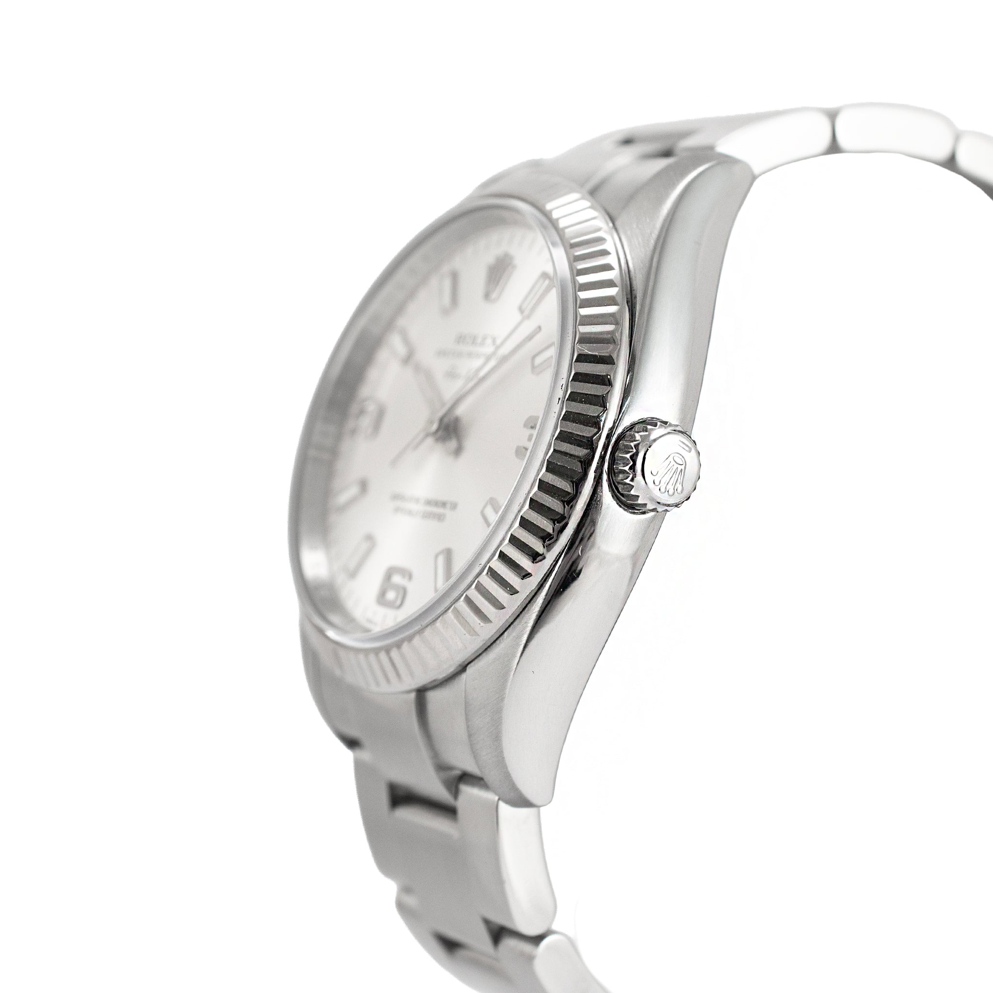 Rolex Air-King 34MM 114234 Silver Oyster Fluted 18K White Gold Bezel Steel Watch