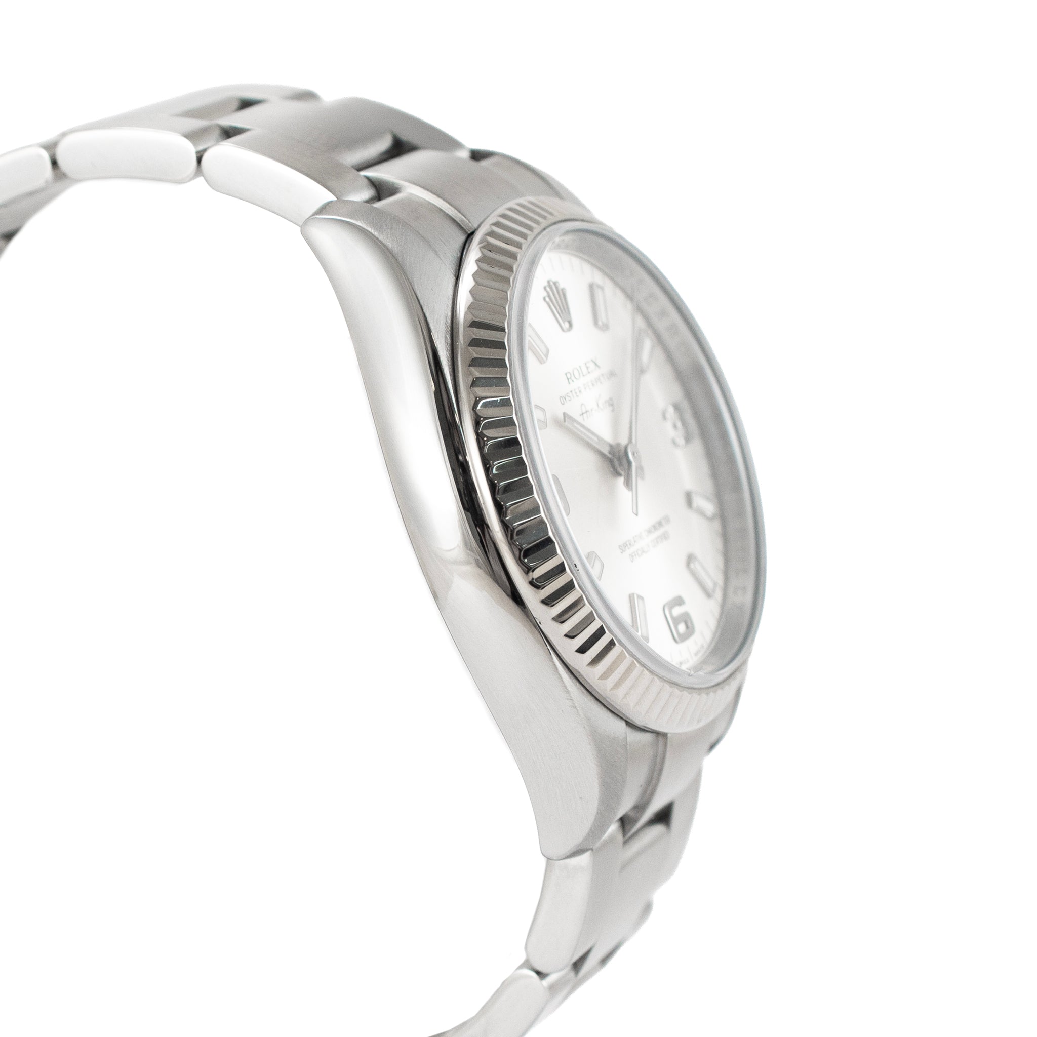 Rolex Air-King 34MM 114234 Silver Oyster Fluted 18K White Gold Bezel Steel Watch