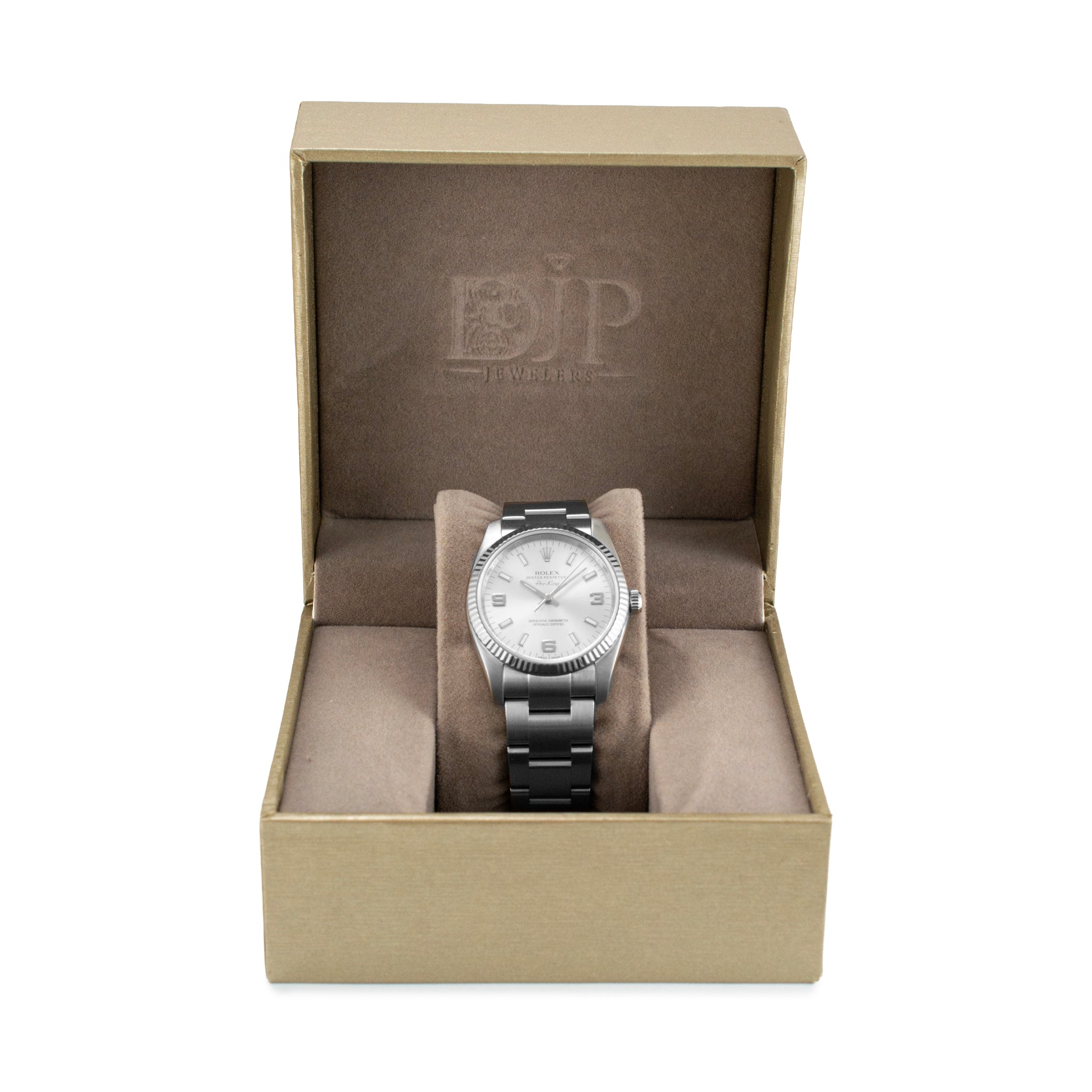 Rolex Air-King 34MM 114234 Silver Oyster Fluted 18K White Gold Bezel Steel Watch