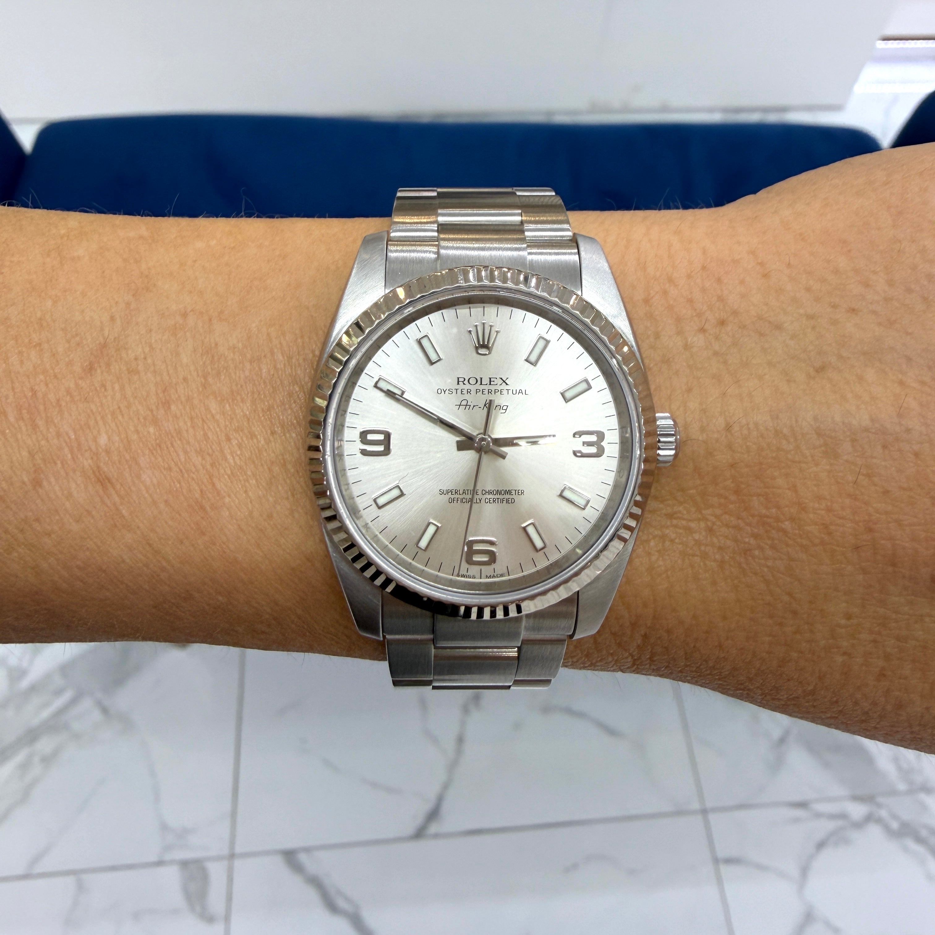 Rolex Air-King 34MM 114234 Silver Oyster Fluted 18K White Gold Bezel Steel Watch
