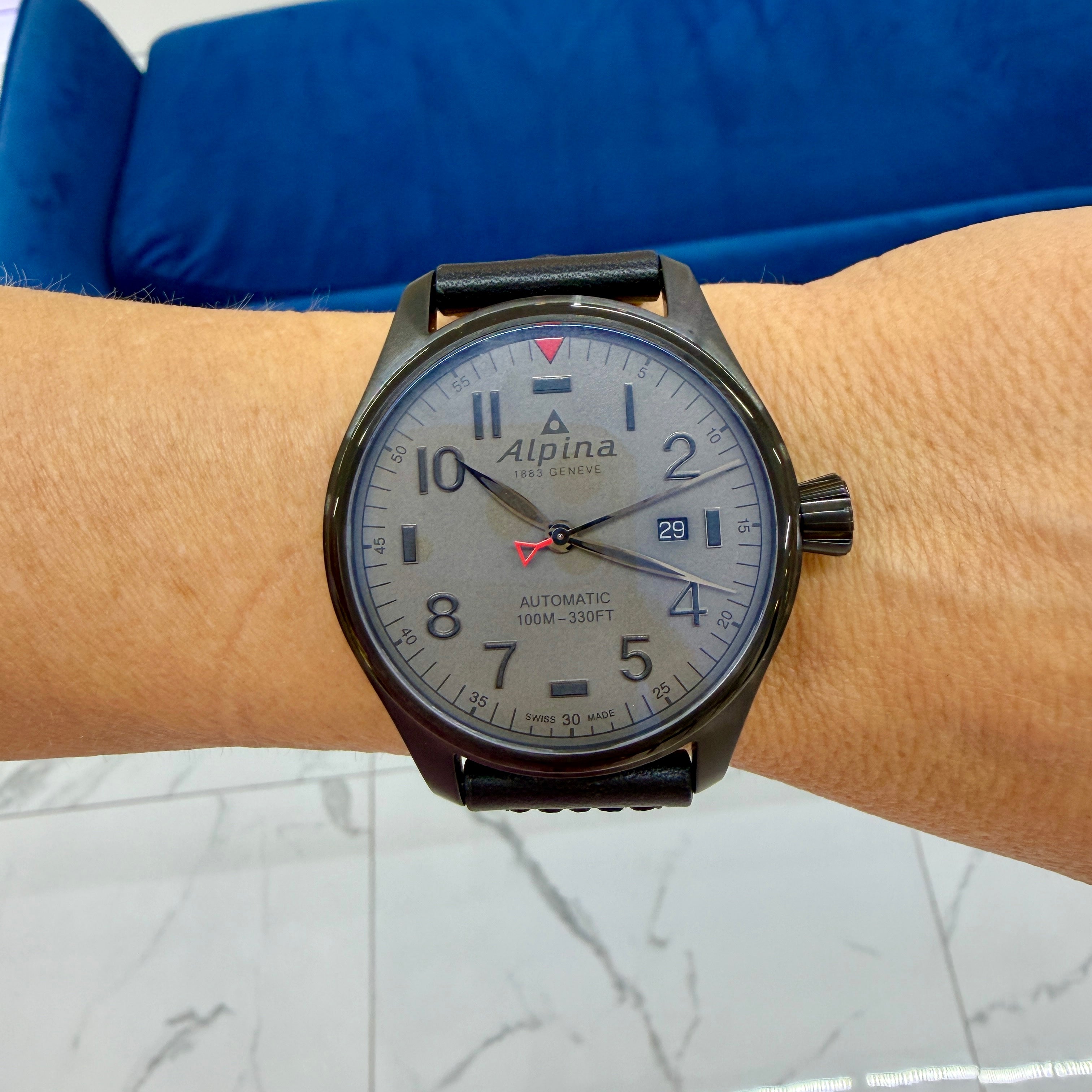 Alpina Startimer Pilot 44MM Al-525gg4fbs6 Grey Dial Leather Strap Steel Watch
