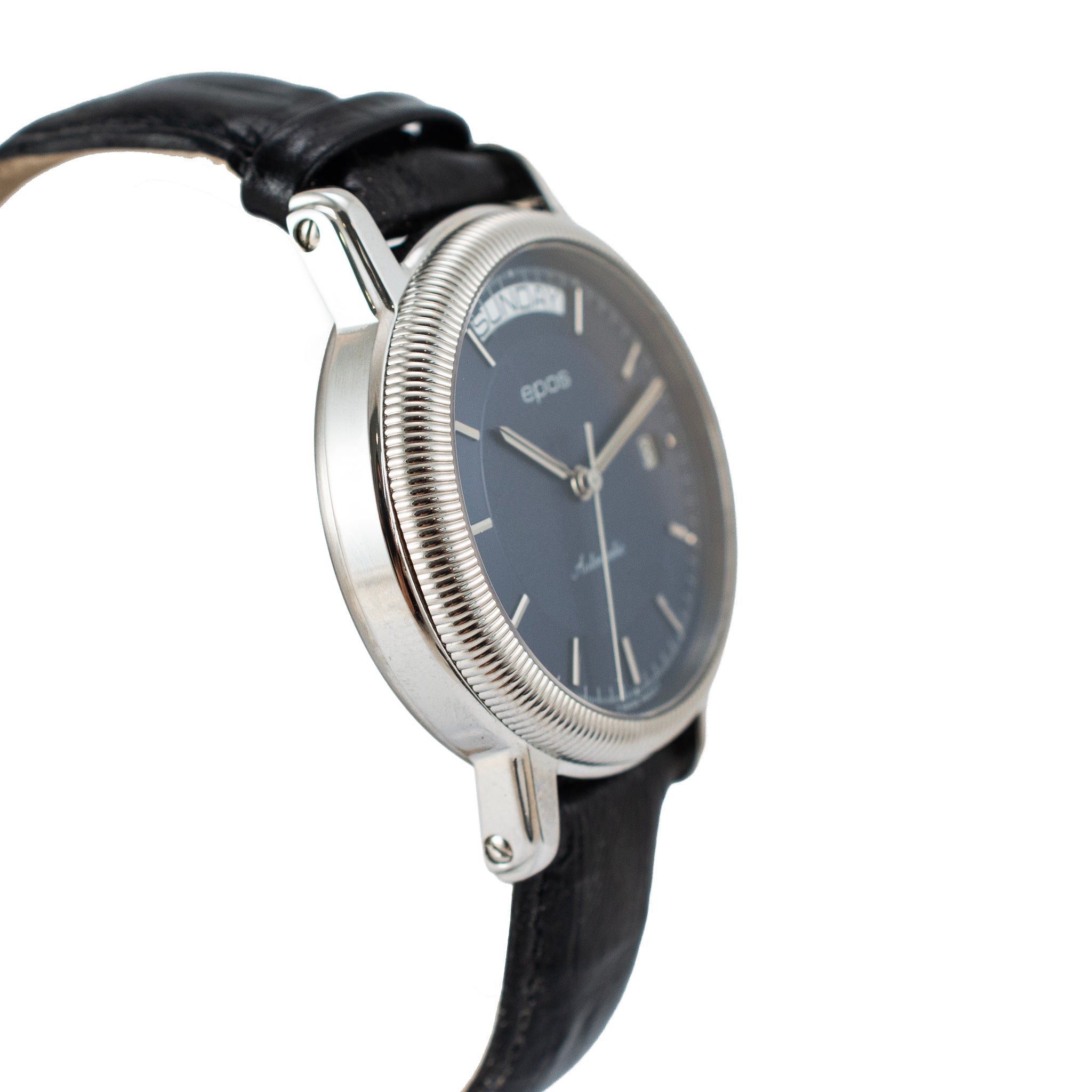 Epos Passion Day Date 39MM 3217 Blue Dial Leather Strap Steel Automatic Watch