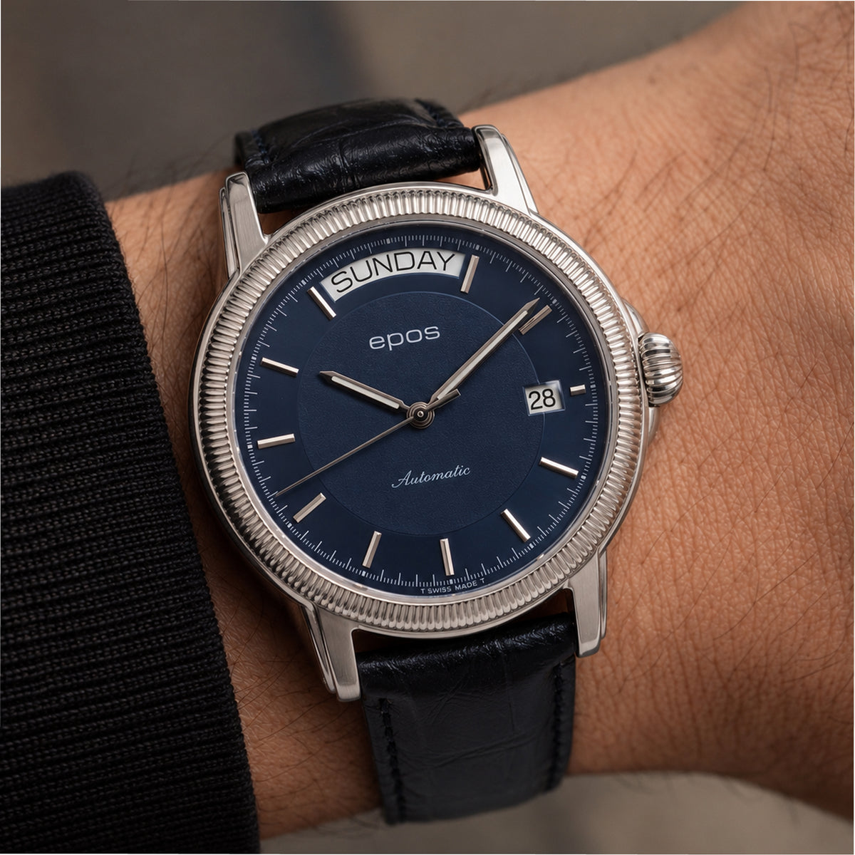 Epos Passion Day Date 39MM 3217 Blue Dial Leather Strap Steel Automatic Watch