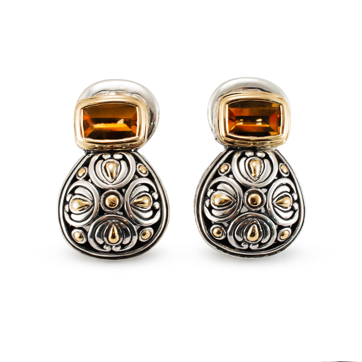 Vintage John Hardy Batu Sari 18K Yellow Gold 925 Silver Citrine Clip-on Earrings
