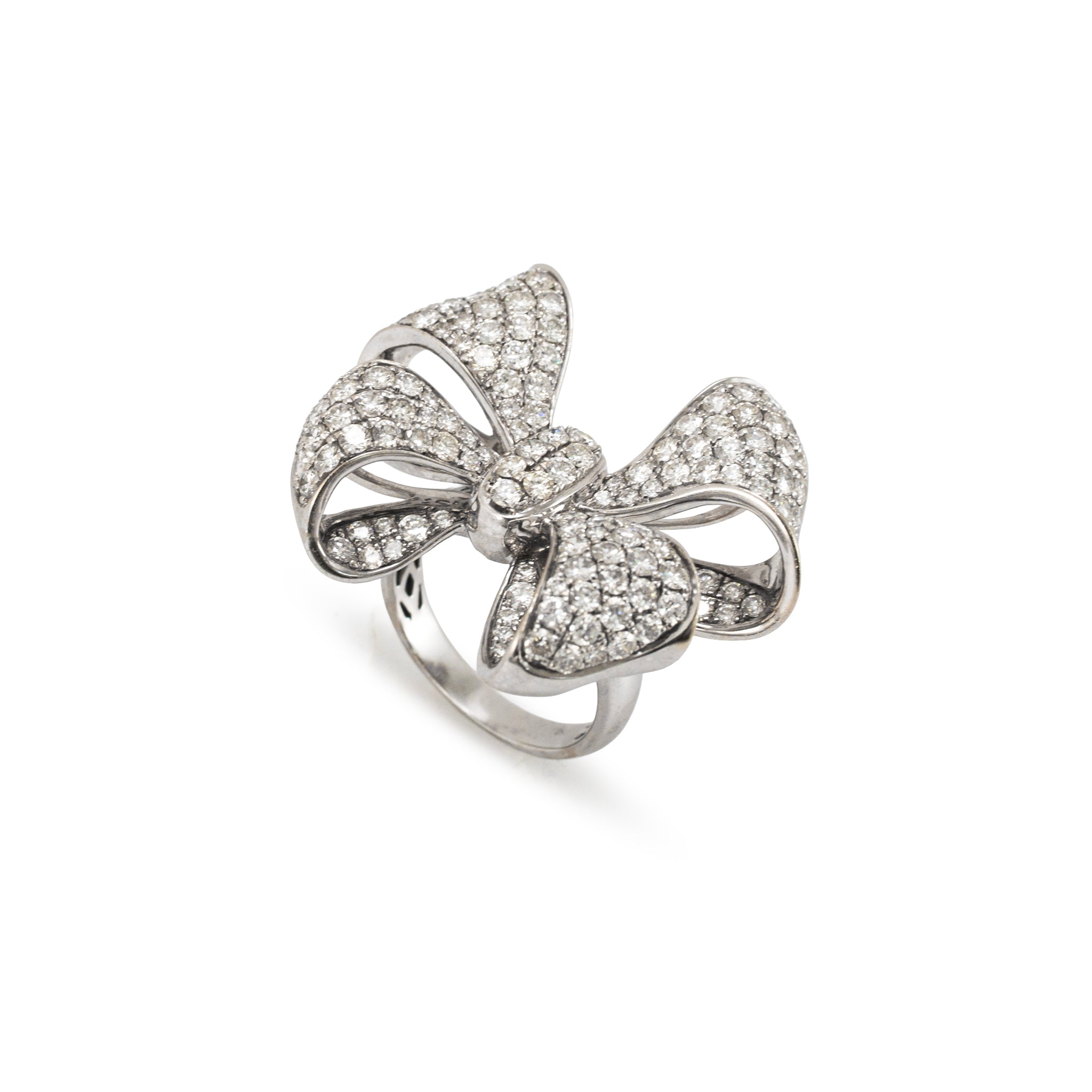 Ladies 18K White Gold 5.00ctw Pave Diamond Bow Statement Cocktail Ring