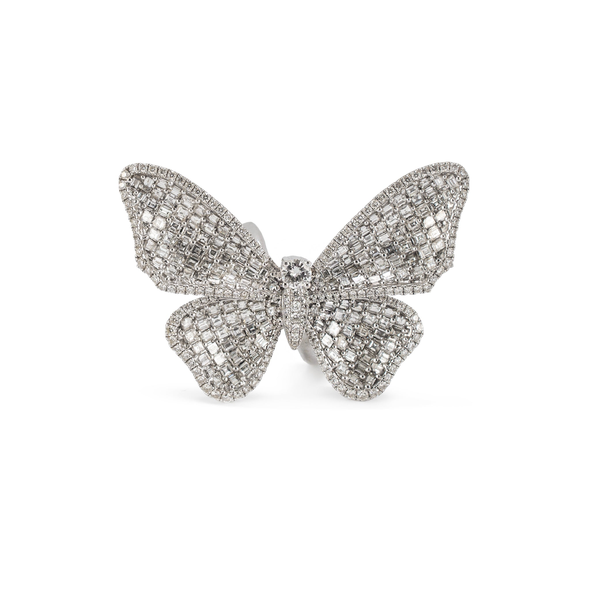 18K White Gold 7CTW Square Baguettes and Rounds Diamond Butterfly Cocktail Ring