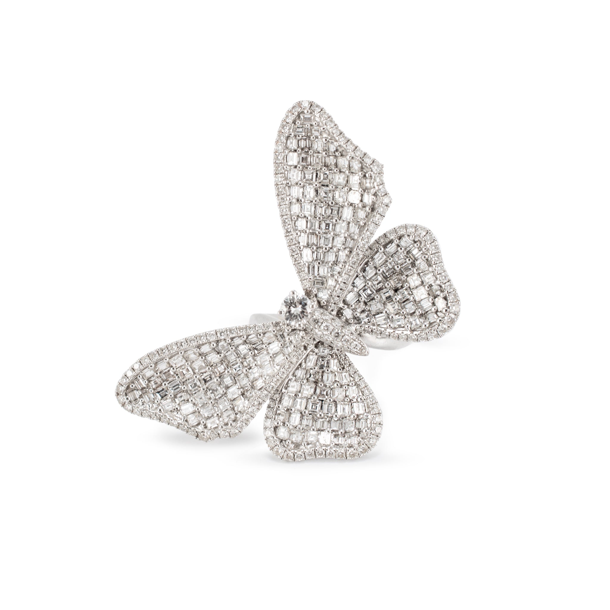18K White Gold 7CTW Square Baguettes and Rounds Diamond Butterfly Cocktail Ring