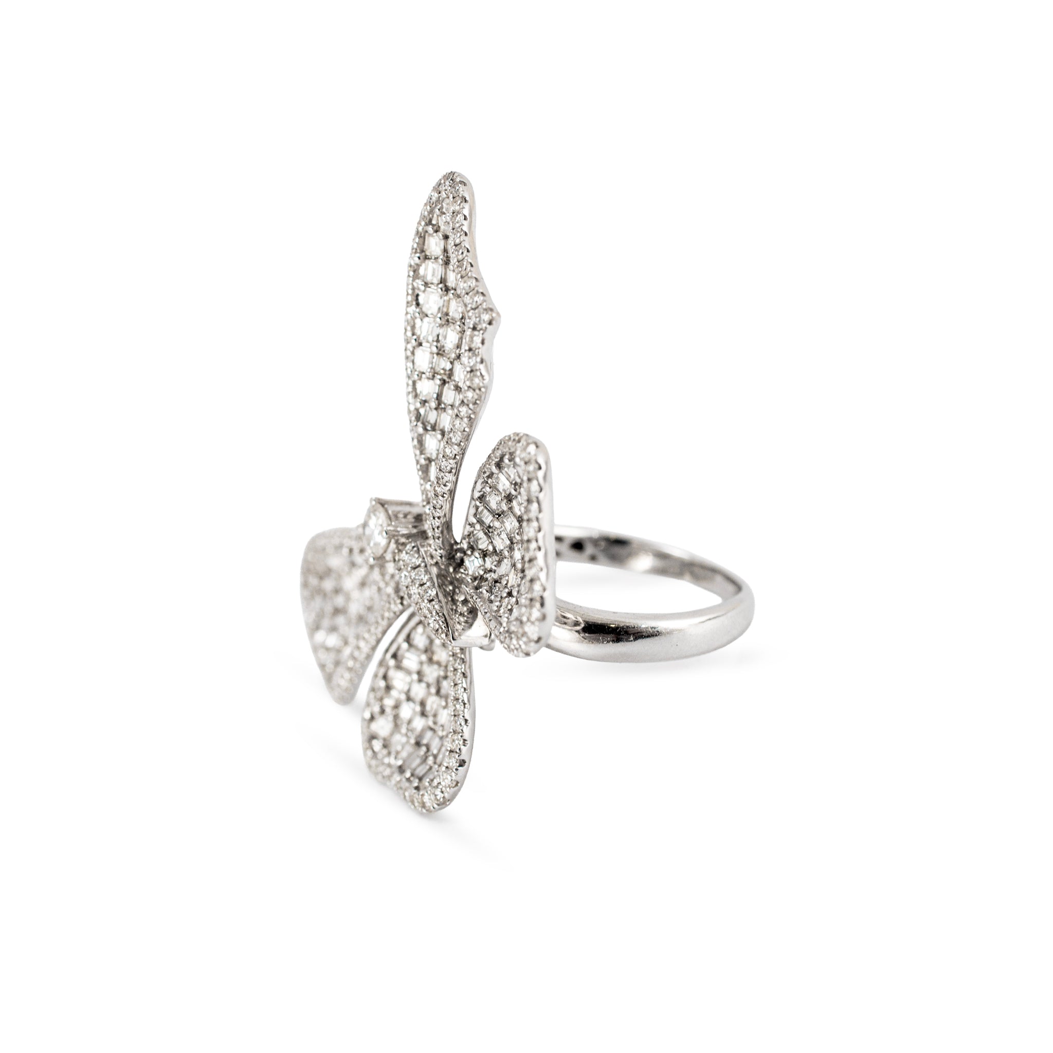 18K White Gold 7CTW Square Baguettes and Rounds Diamond Butterfly Cocktail Ring