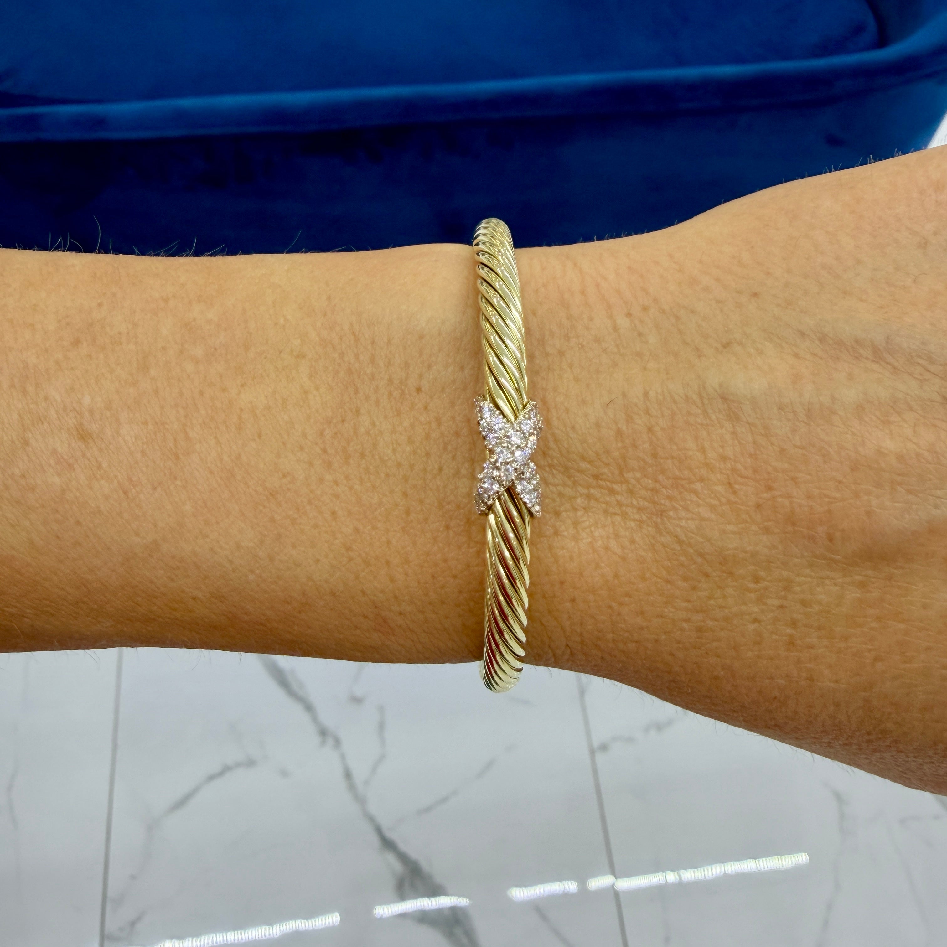 David Yurman Cablespira X 14K Yellow Gold 6MM CT Diamond Cuff Bangle Bracelet