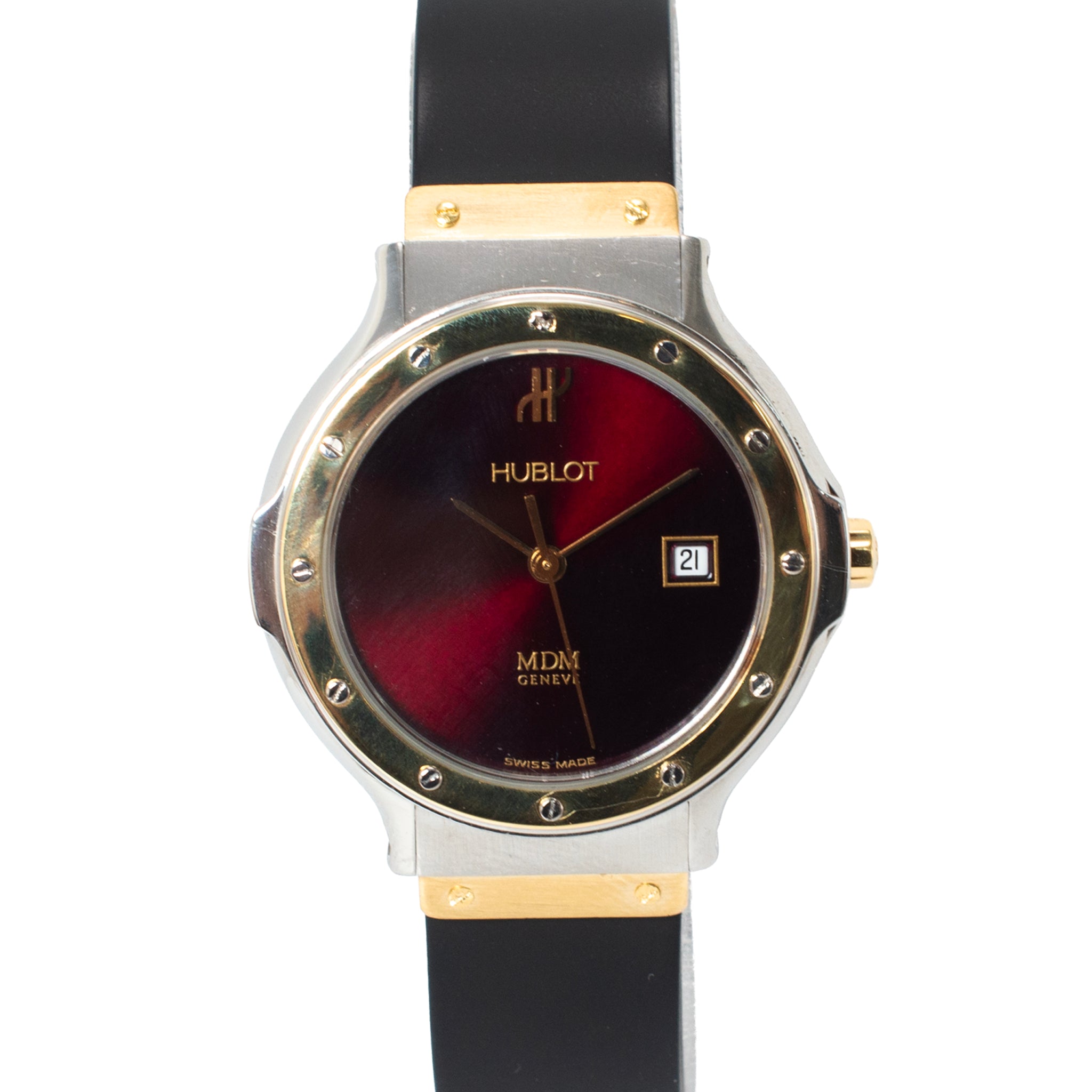 Ladies Hublot Classic Mdm 26MM 1391.2 Red Dial Two Tone Gold Steel Quartz Watch
