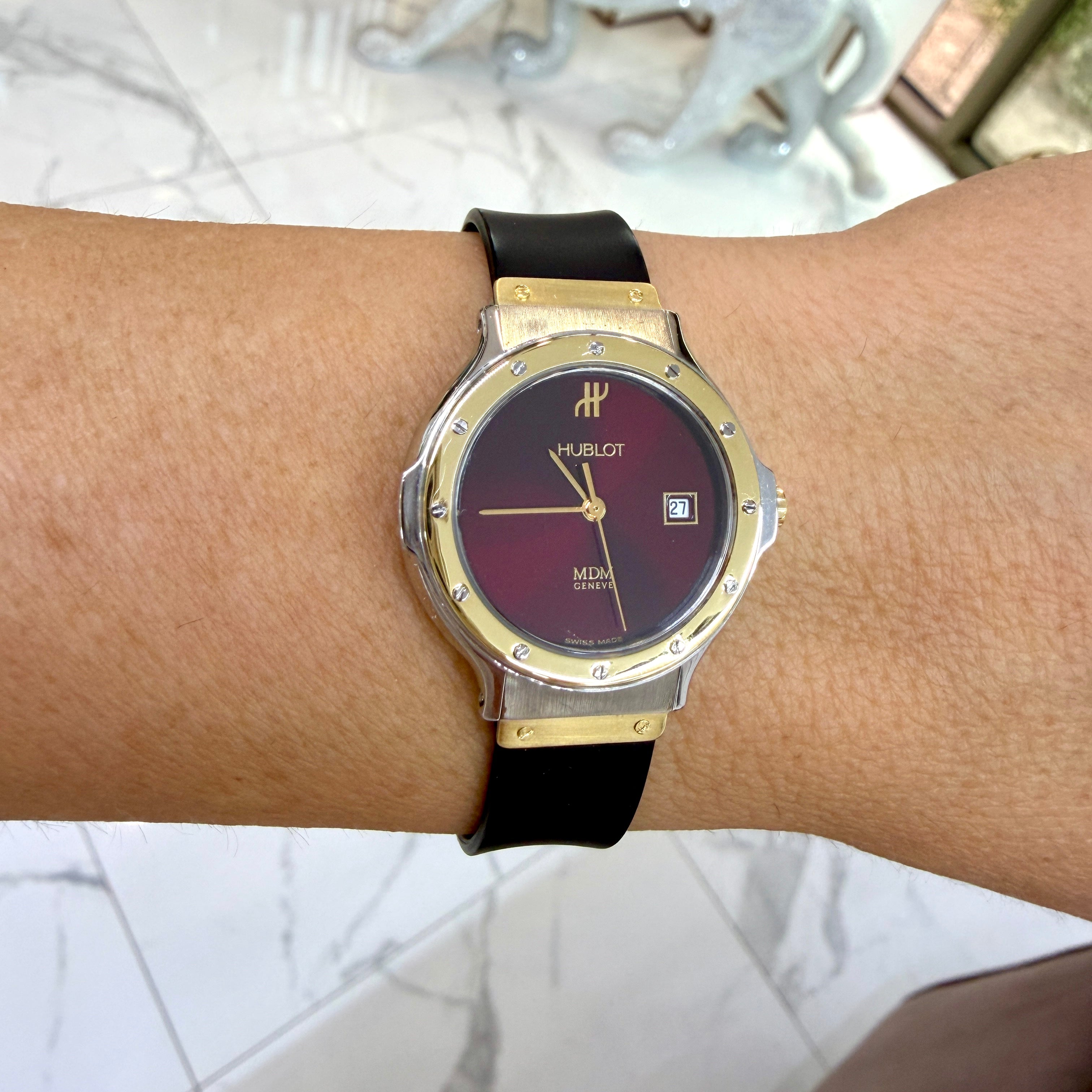 Ladies Hublot Classic Mdm 26MM 1391.2 Red Dial Two Tone Gold Steel Quartz Watch
