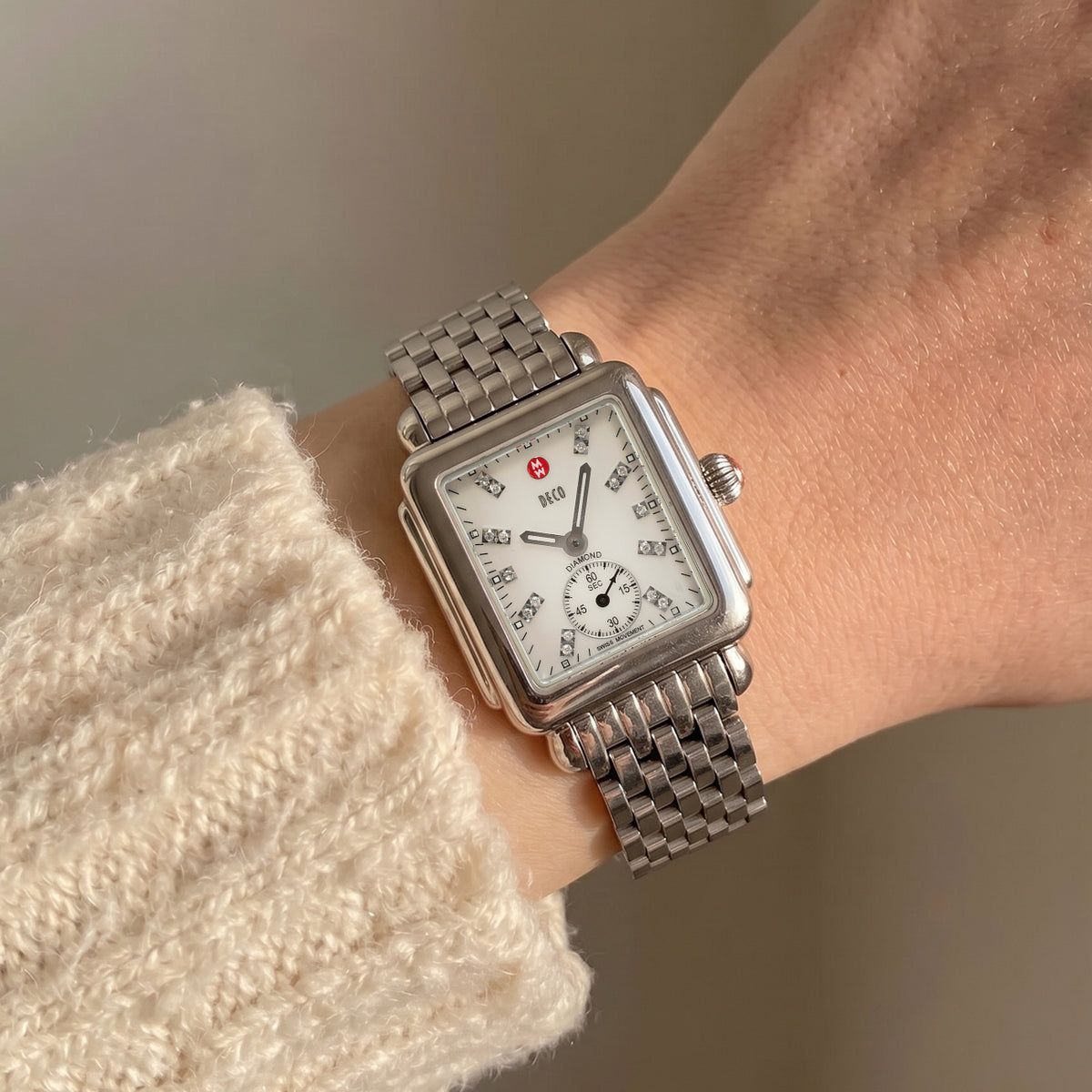 Michele by Fossil Deco 29MM mww06v00a0046 Diamond Mop Dial Steel Quartz Watch