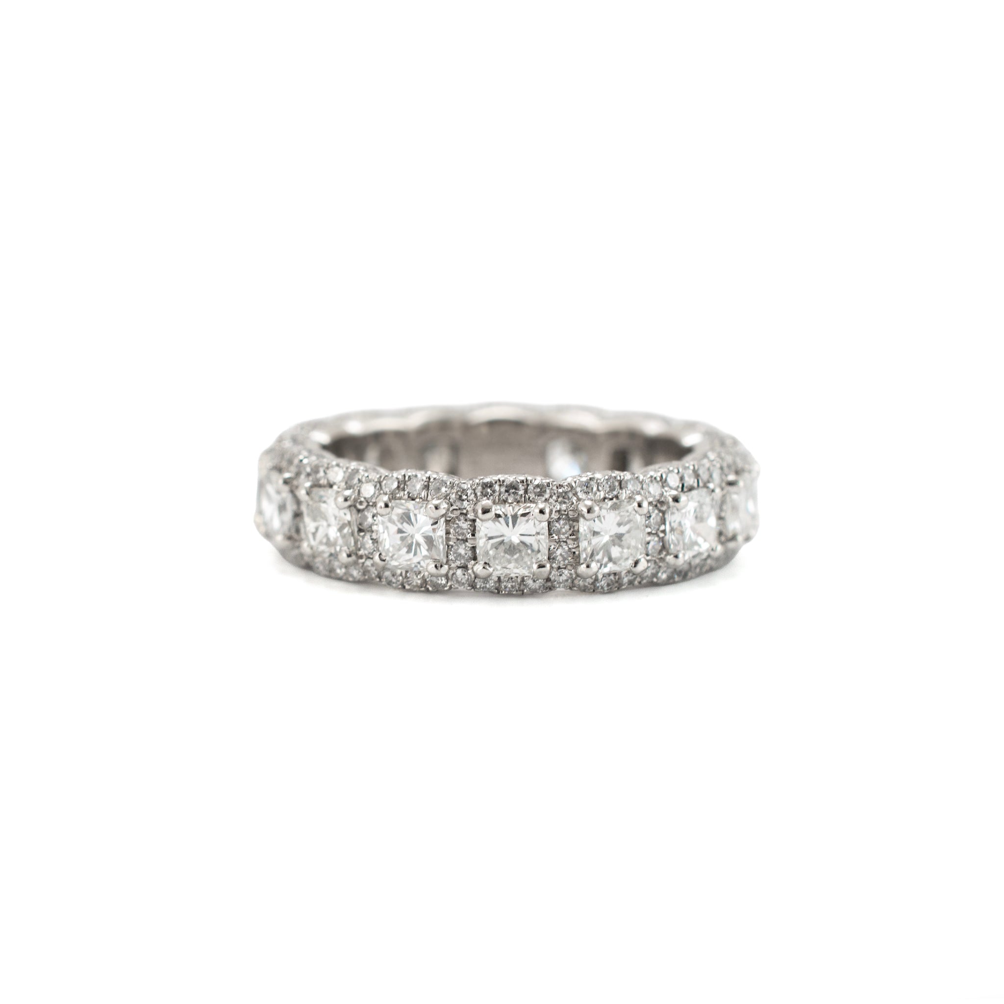 Platinum 5.34ct Diamond Cushion Cut Round Pave Halo Diamond Eternity Band Ring