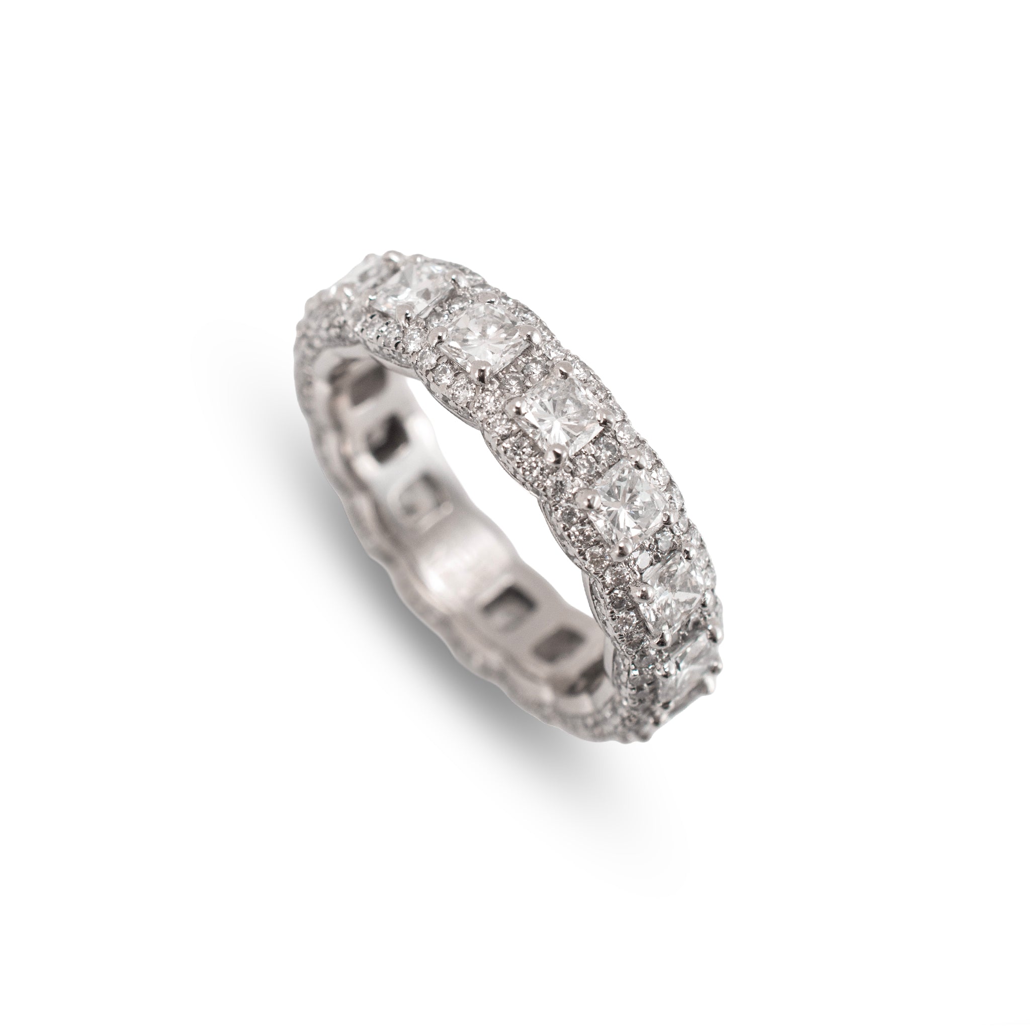 Platinum 5.34ct Diamond Cushion Cut Round Pave Halo Diamond Eternity Band Ring