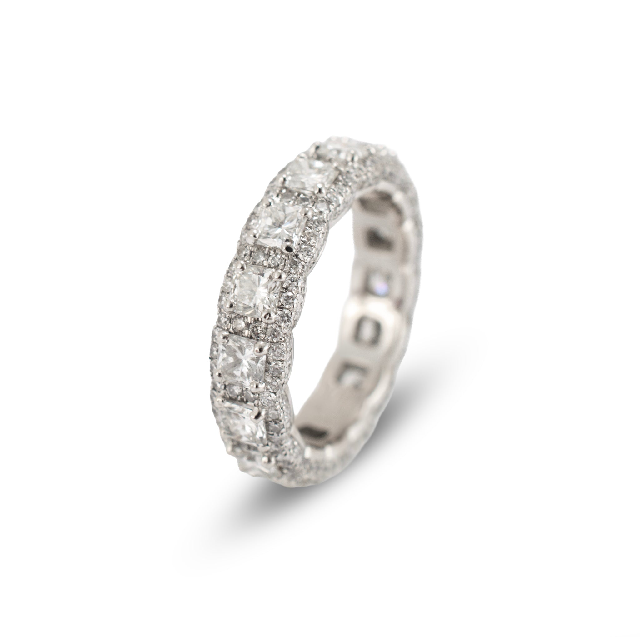 Platinum 5.34ct Diamond Cushion Cut Round Pave Halo Diamond Eternity Band Ring