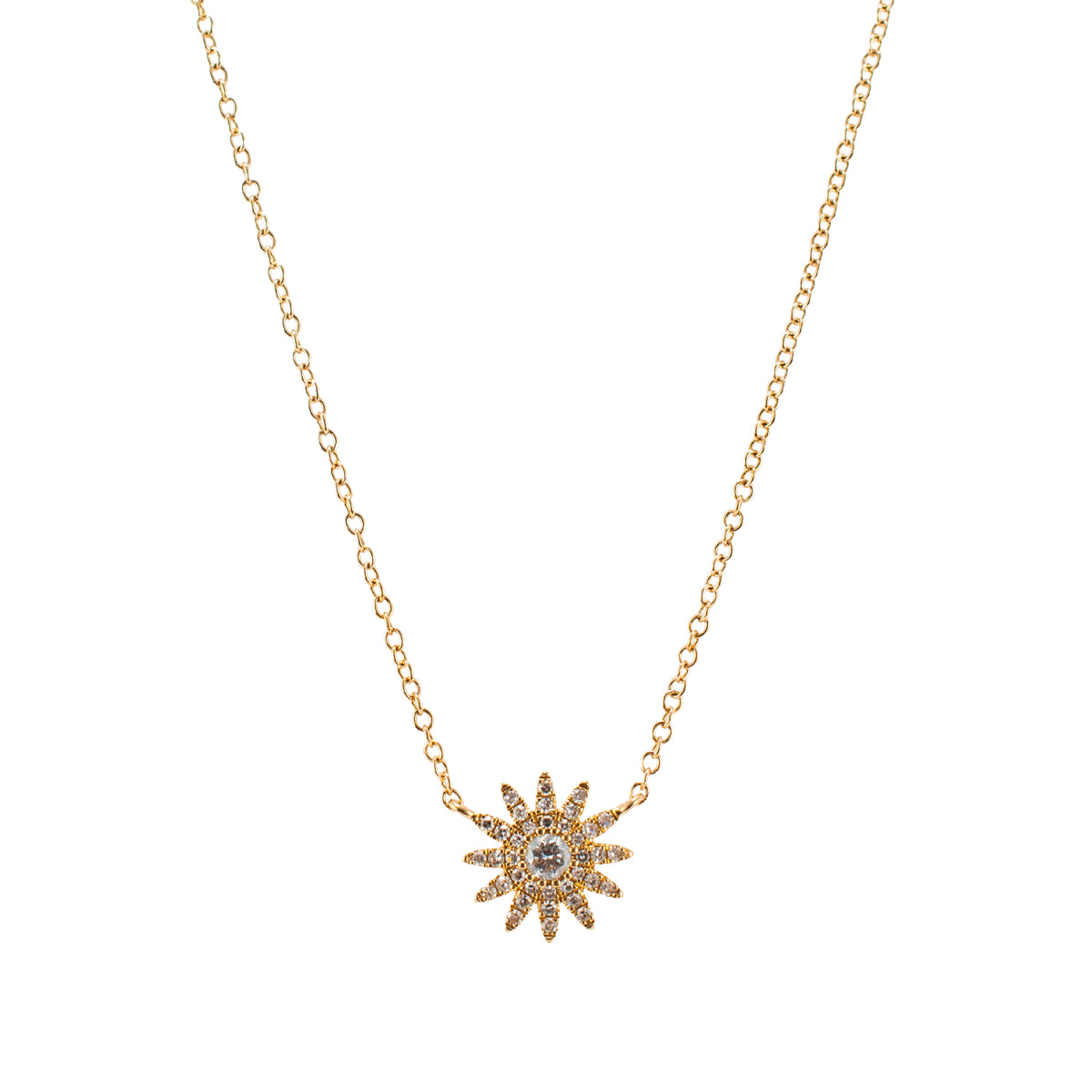 Ladies 14K Yellow Gold 0.23ct Diamond Adjustable Chain Sunburst Pendant Necklace