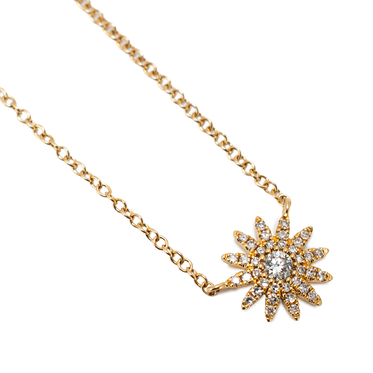 Ladies 14K Yellow Gold 0.23ct Diamond Adjustable Chain Sunburst Pendant Necklace